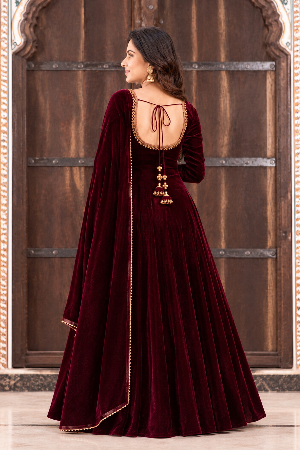 Zareen Velvet Anarkali Gown Set with Gotta Lace Work, Matching Dupatta