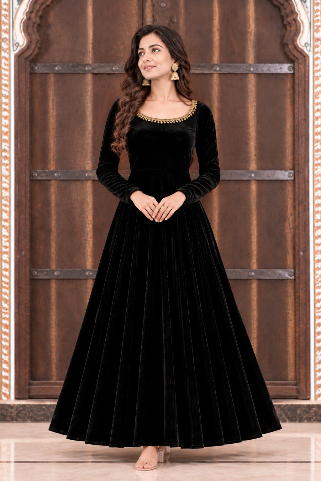 Zareen Velvet Anarkali Gown Set with Gotta Lace Work, Matching Dupatta