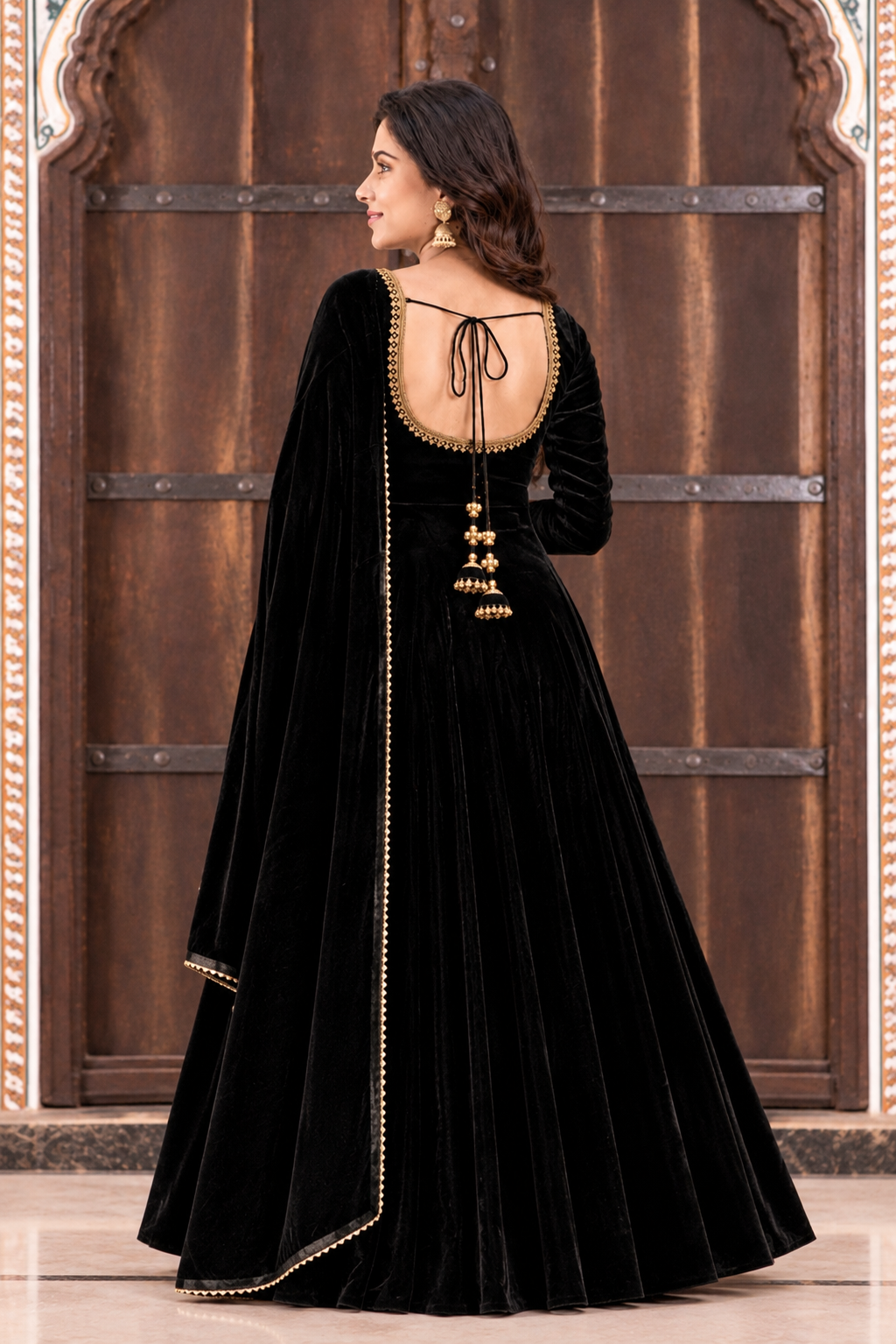 Zareen Velvet Anarkali Gown Set with Gotta Lace Work, Matching Dupatta