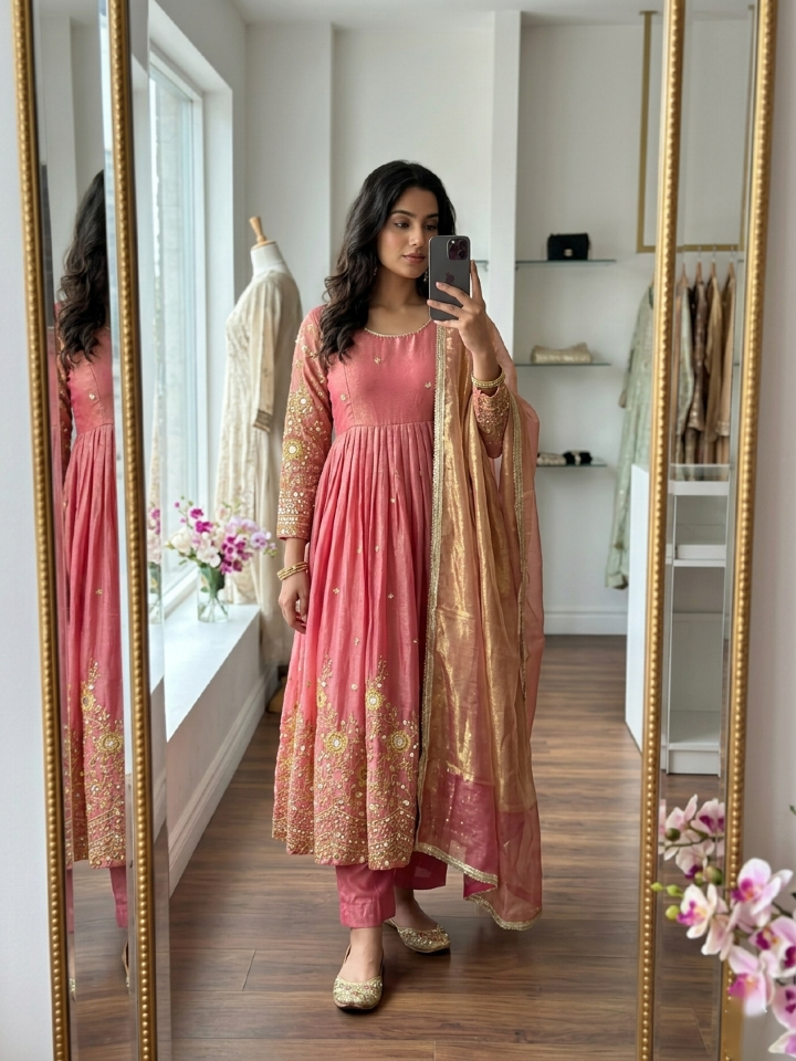 Ziyaara Fendy Satin Silk 5mm Sequins Embroidered Gown with Pant & Dupatta