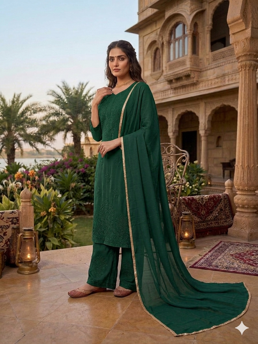 Comfortable Georgette Green Embroidered Kurta Palazzo Set