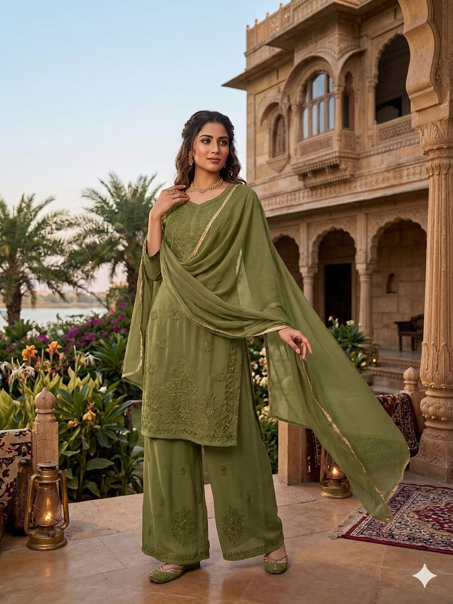 Comfortable Georgette Green Embroidered Kurta Palazzo Set