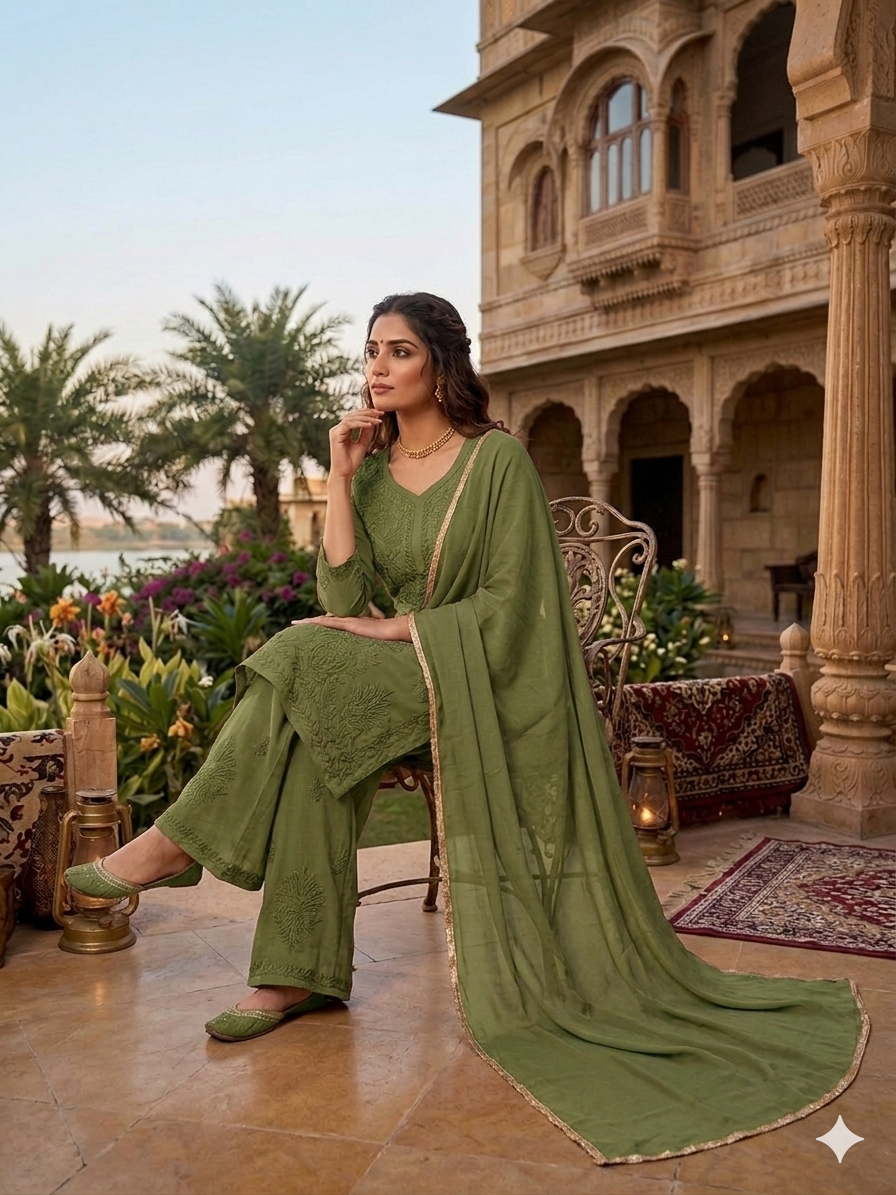 Comfortable Georgette Green Embroidered Kurta Palazzo Set
