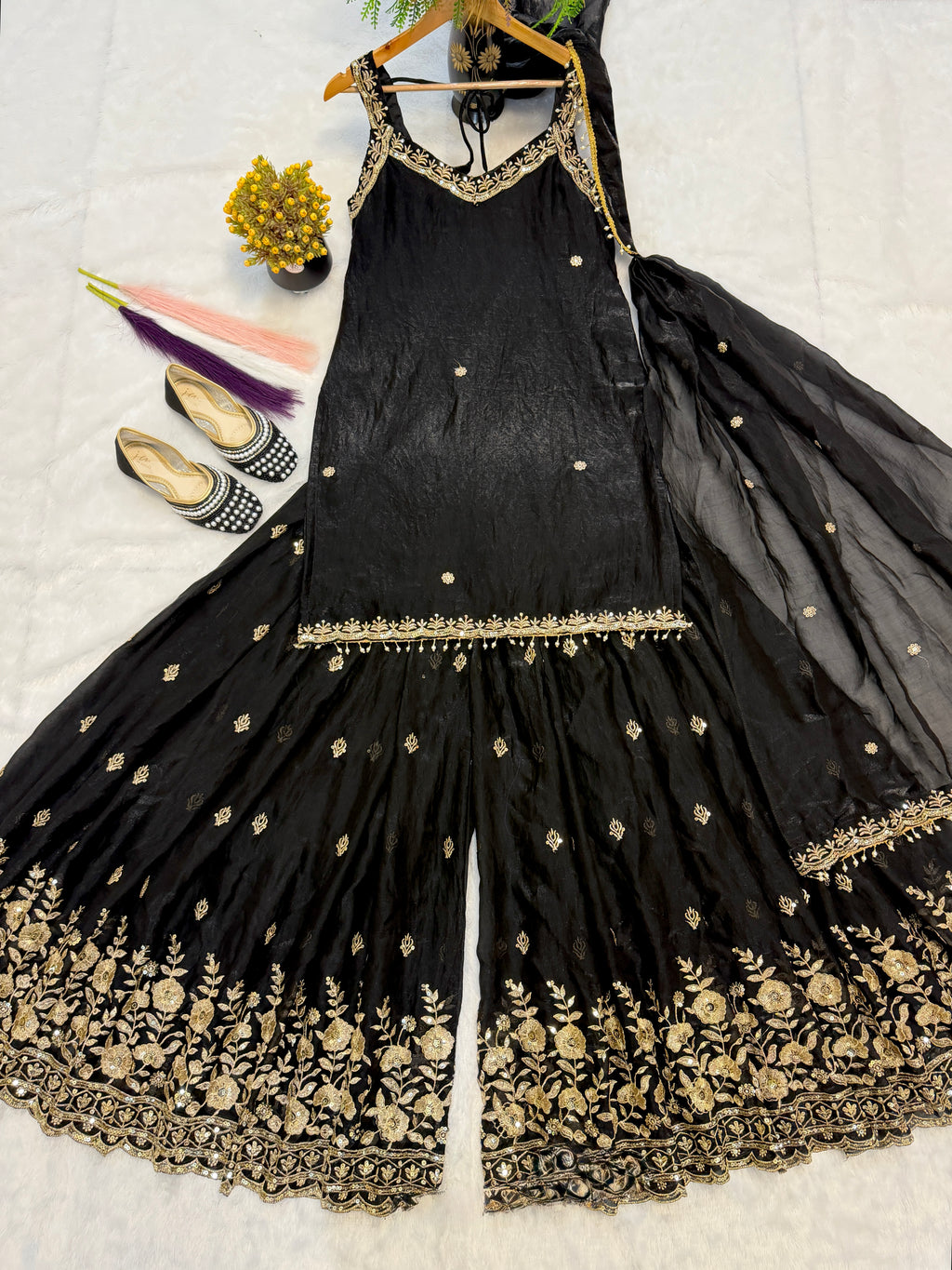 Saanvi Frendy Silk Heavy 5mm Sequins Multi Needle Embroidered Sharara Suit with Dupatta