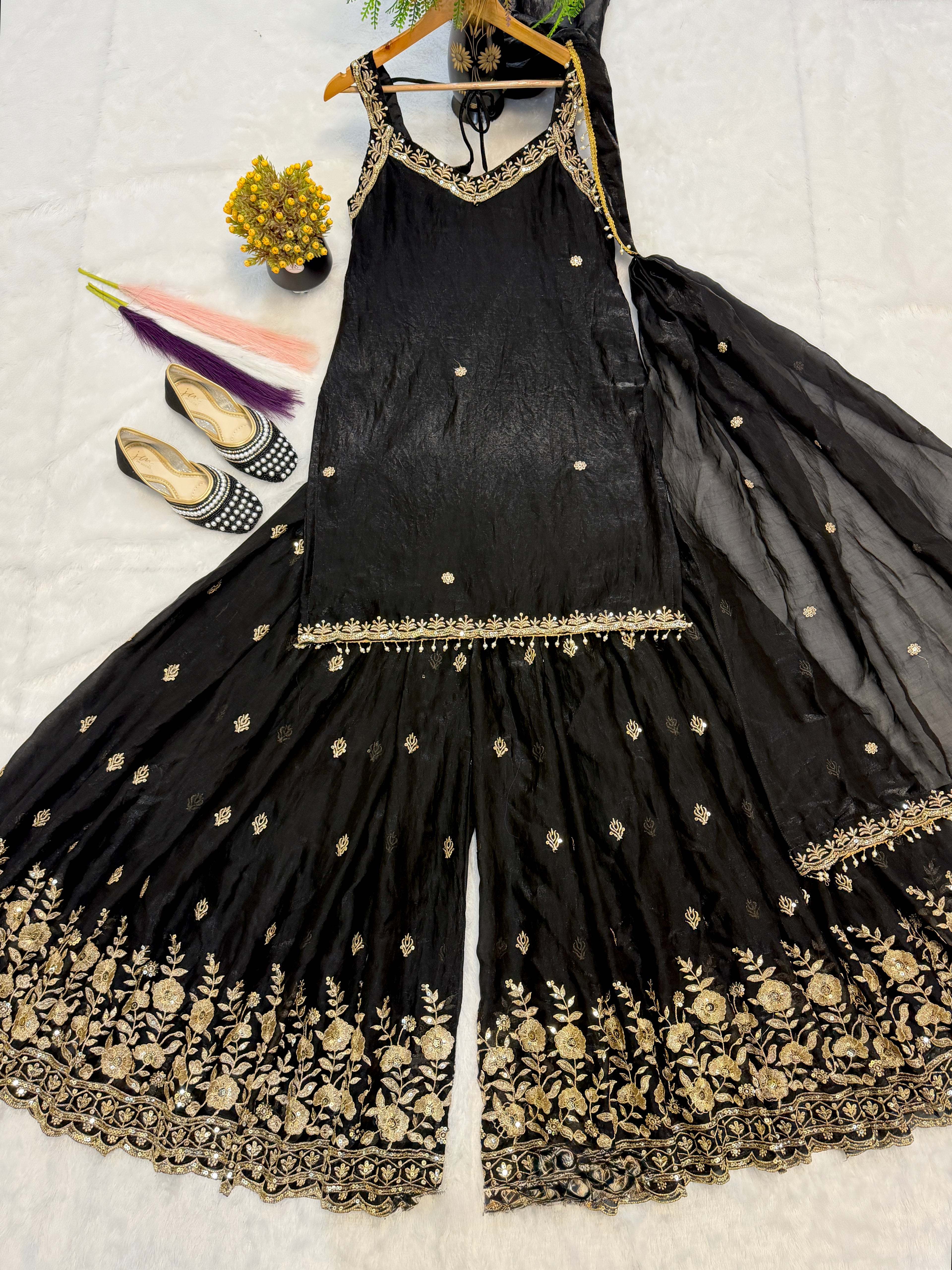 Saanvi Frendy Silk Heavy 5mm Sequins Multi Needle Embroidered Sharara Suit with Dupatta