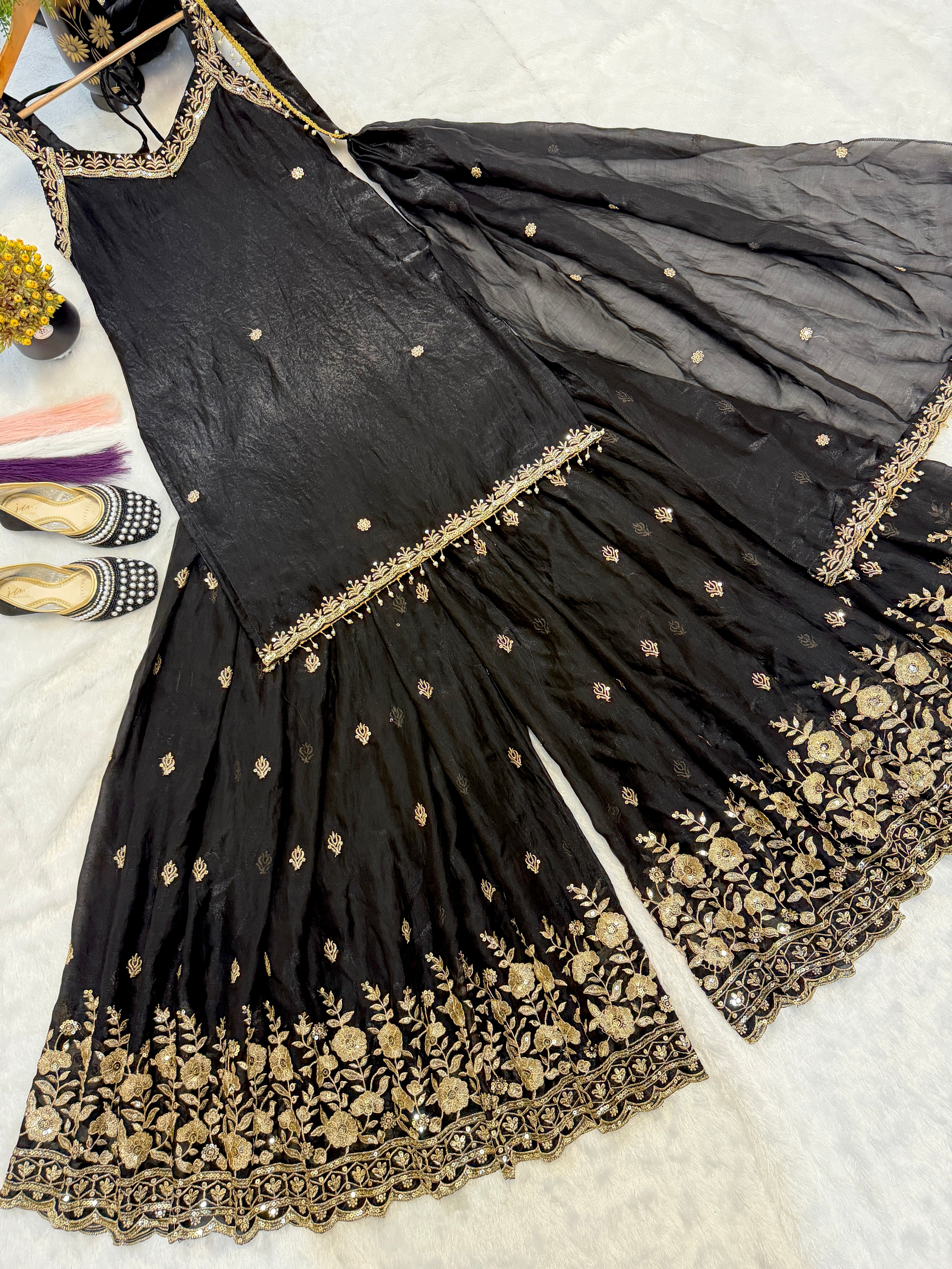 Saanvi Frendy Silk Heavy 5mm Sequins Multi Needle Embroidered Sharara Suit with Dupatta