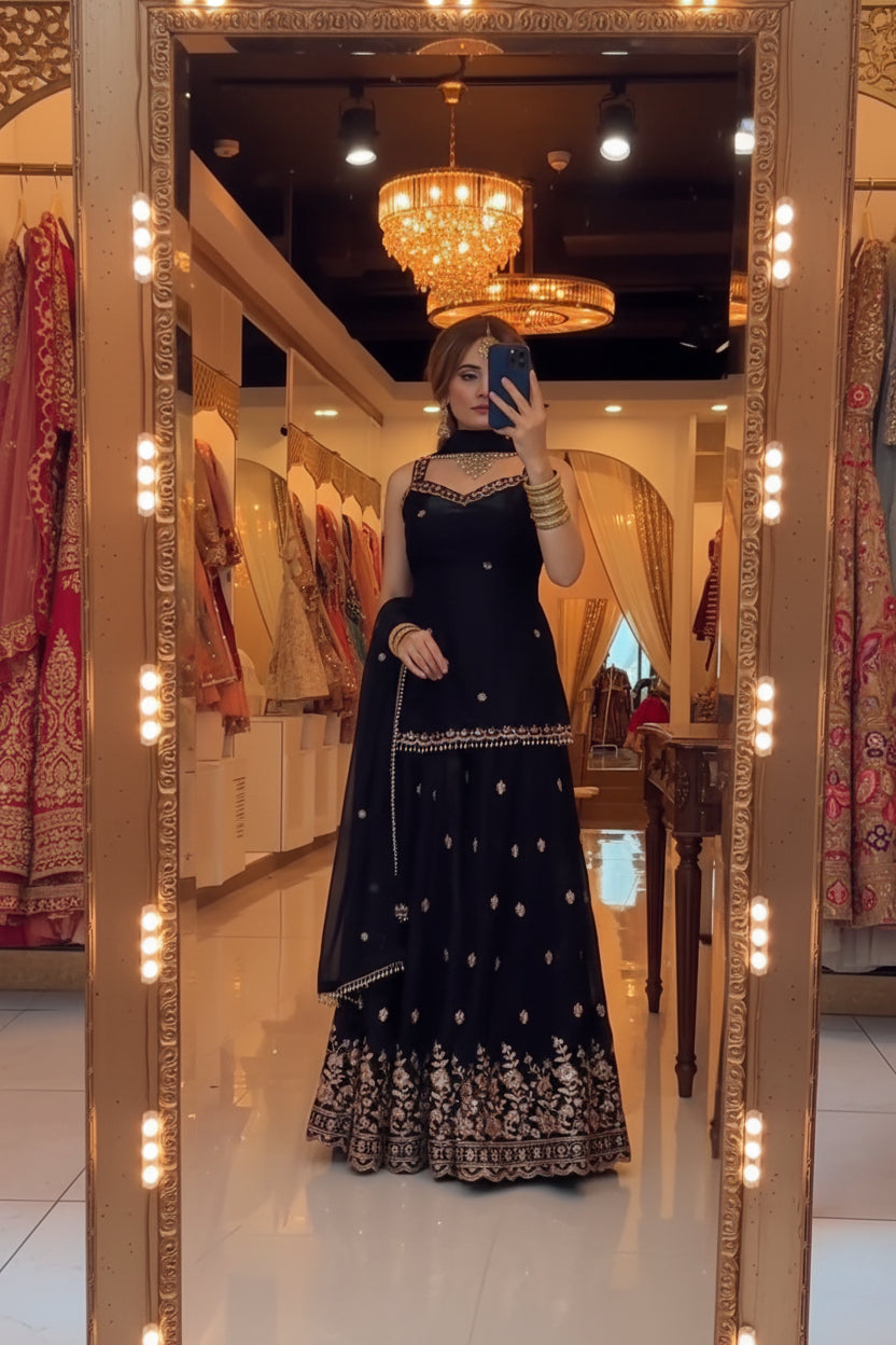 Saanvi Frendy Silk Heavy 5mm Sequins Multi Needle Embroidered Sharara Suit with Dupatta