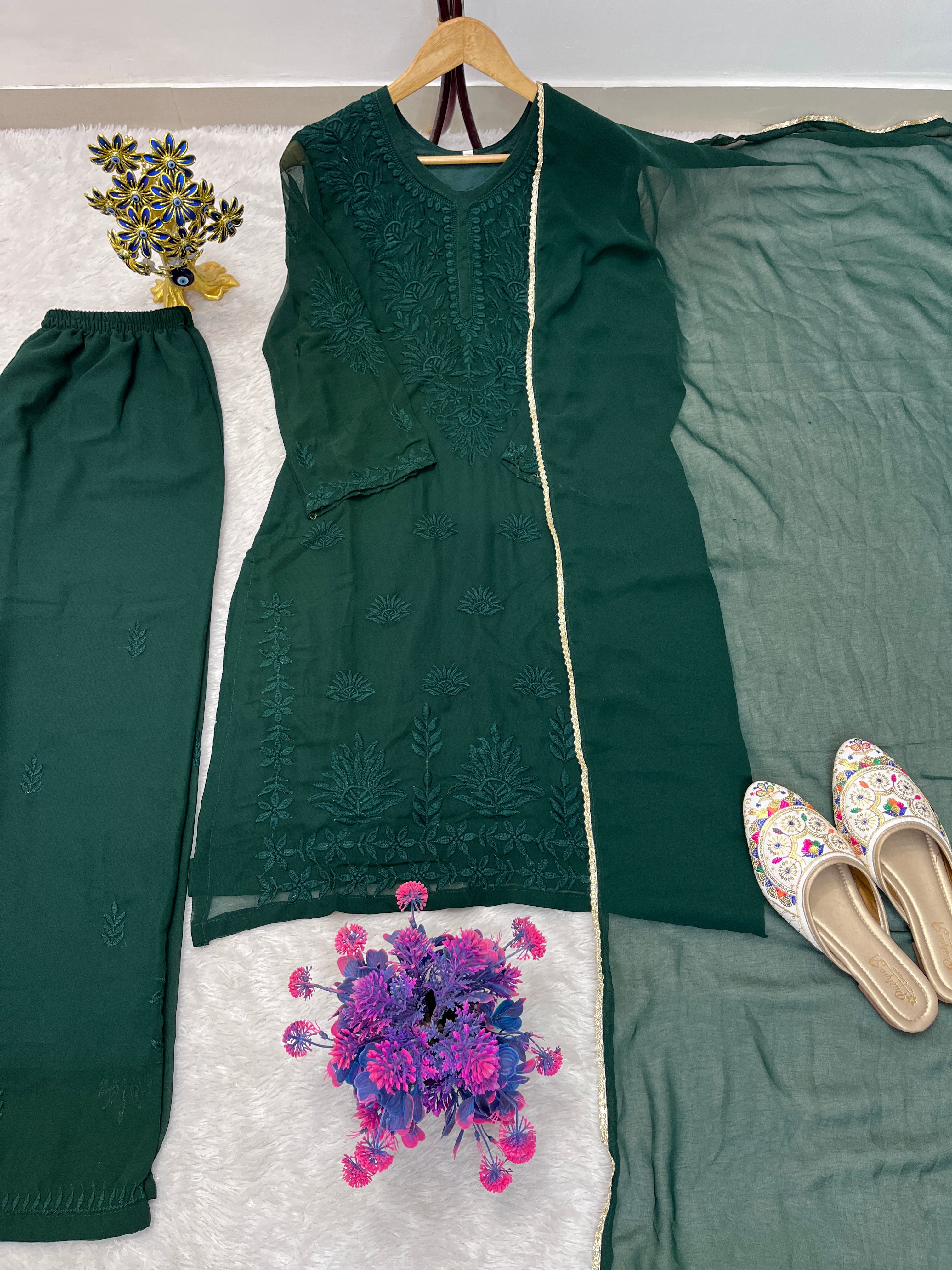 Comfortable Georgette Green Embroidered Kurta Palazzo Set