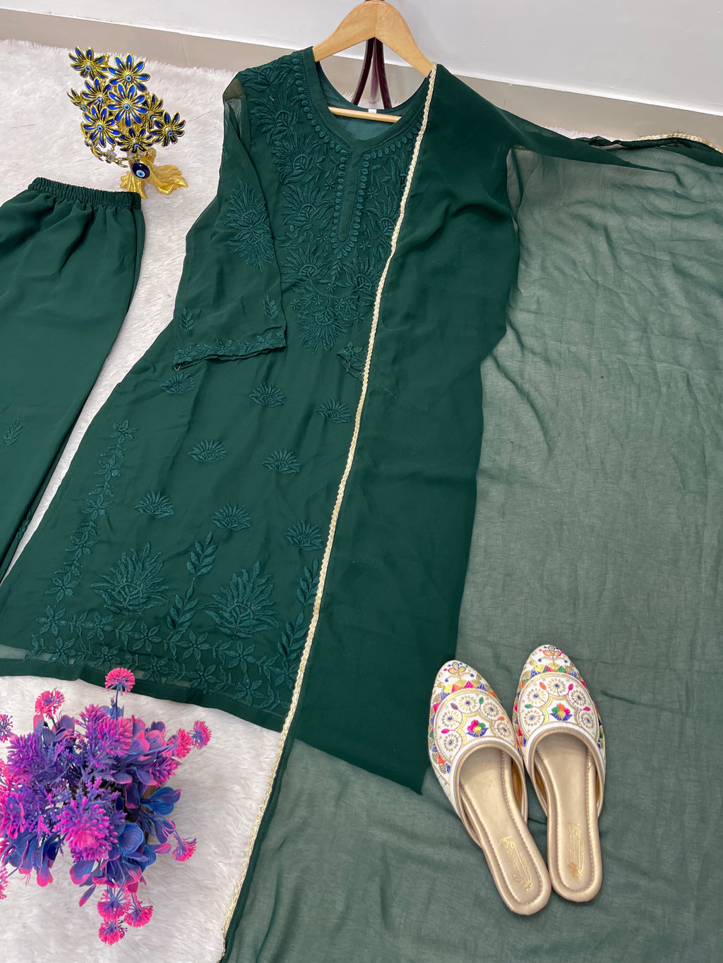 Comfortable Georgette Green Embroidered Kurta Palazzo Set