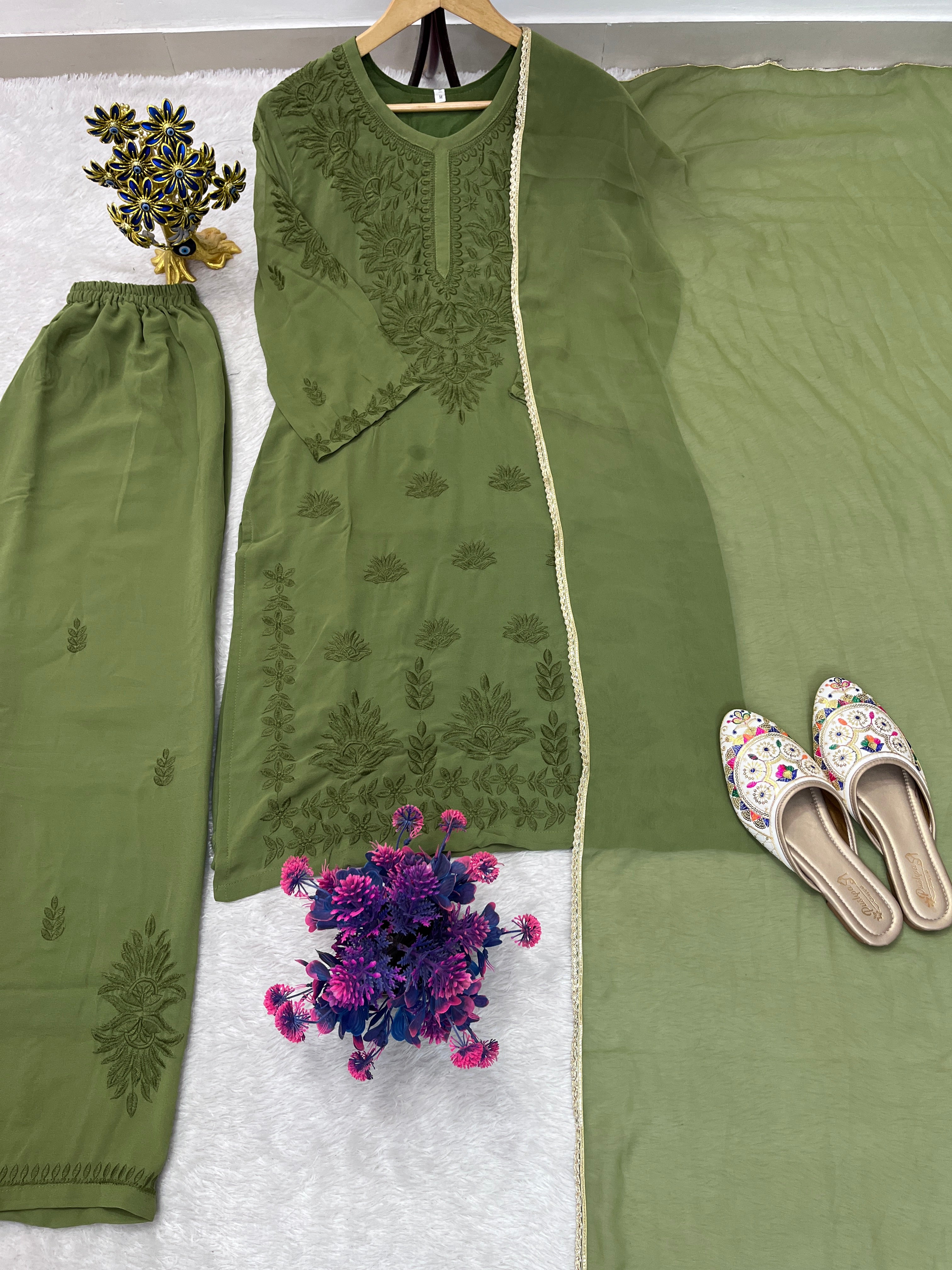 Comfortable Georgette Green Embroidered Kurta Palazzo Set