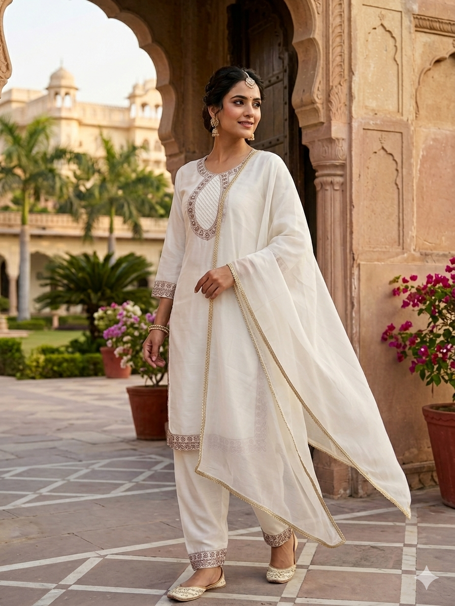 Rajnandini Roman Silk Embroidered Kurti Pant with Georgette Dupatta