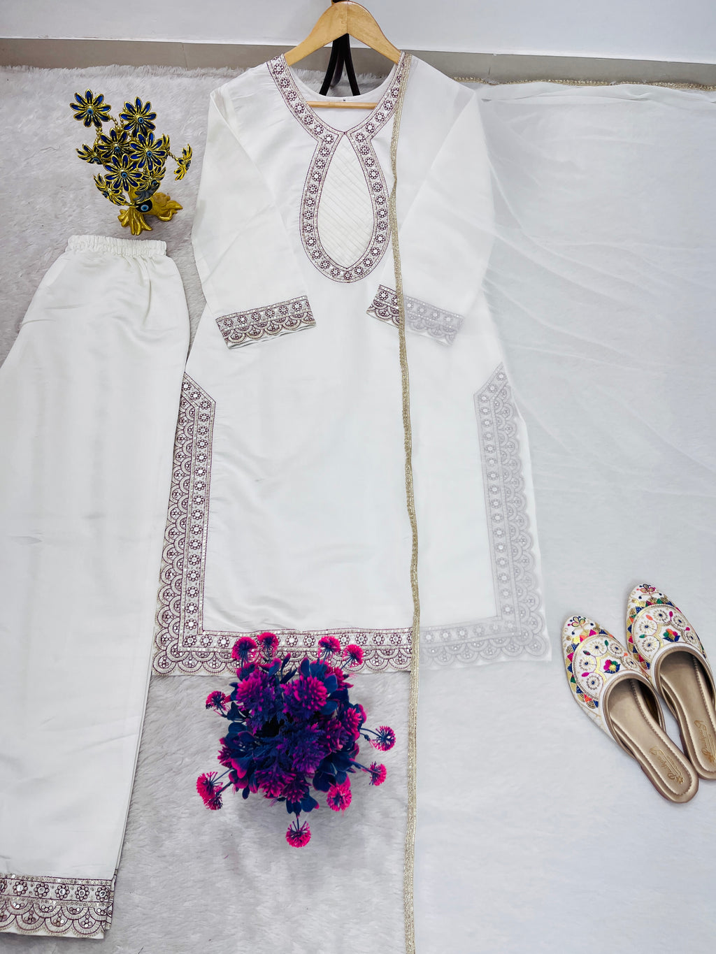 Rajnandini Roman Silk Embroidered Kurti Pant with Georgette Dupatta