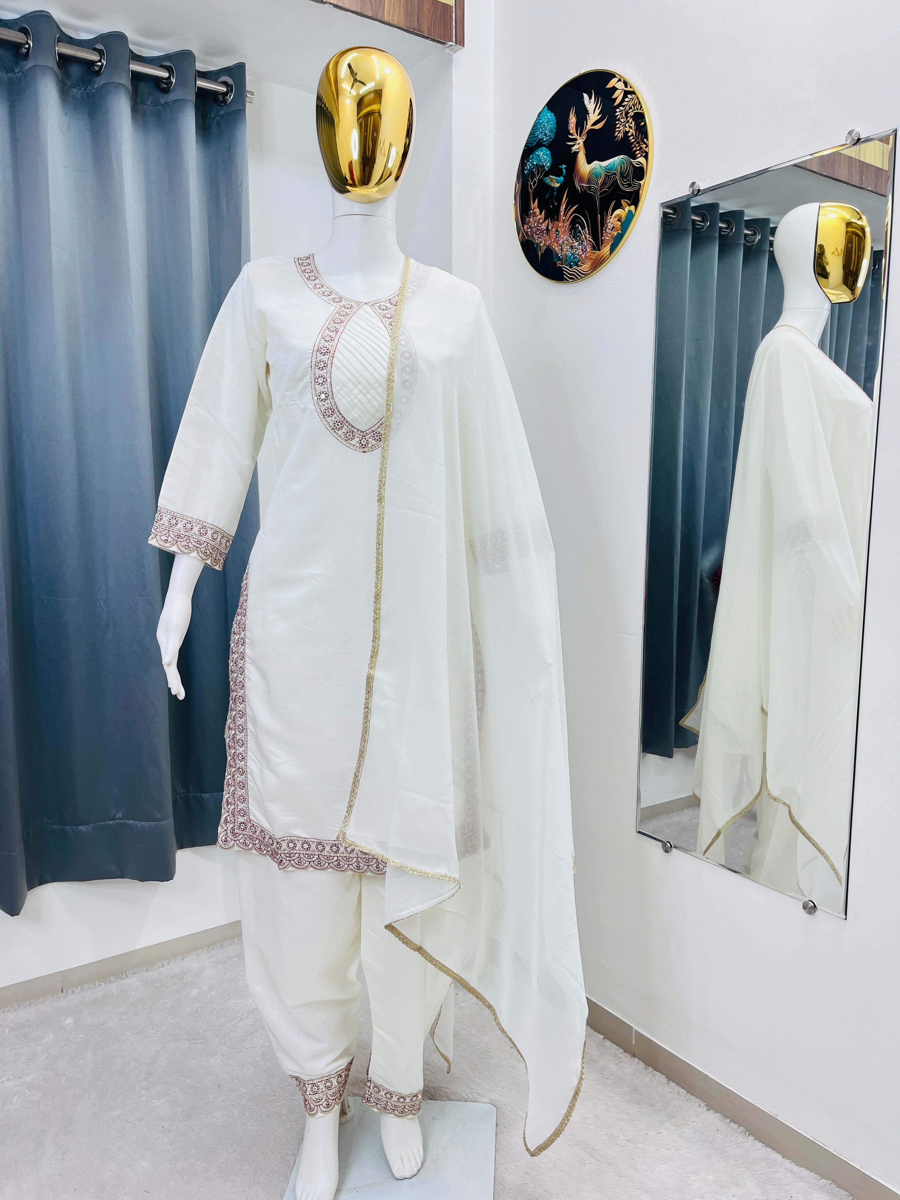 Rajnandini Roman Silk Embroidered Kurti Pant with Georgette Dupatta