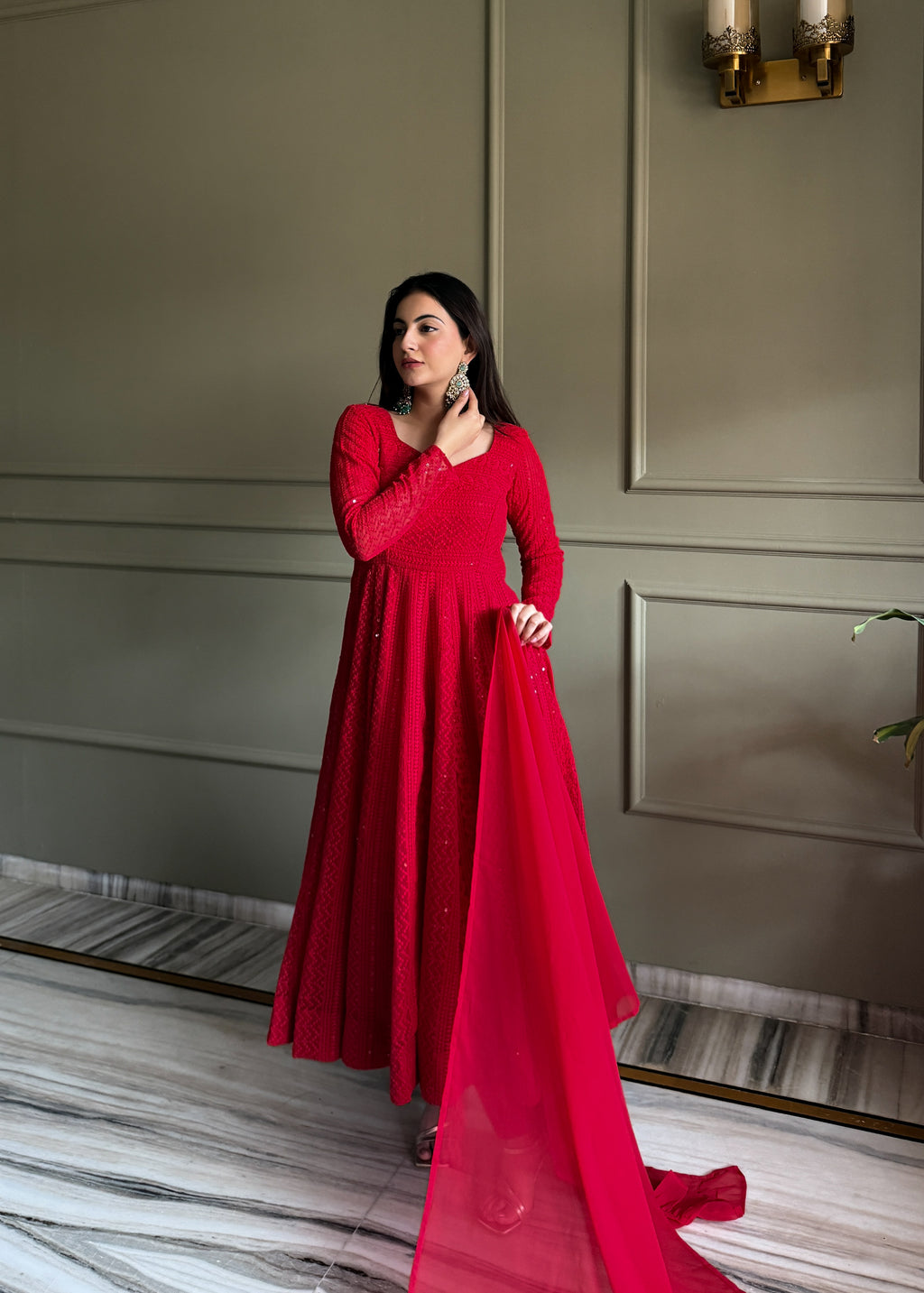 Noor-e-Lucknow Georgette Anarkali Set with Ruffle Dupatta & Pant