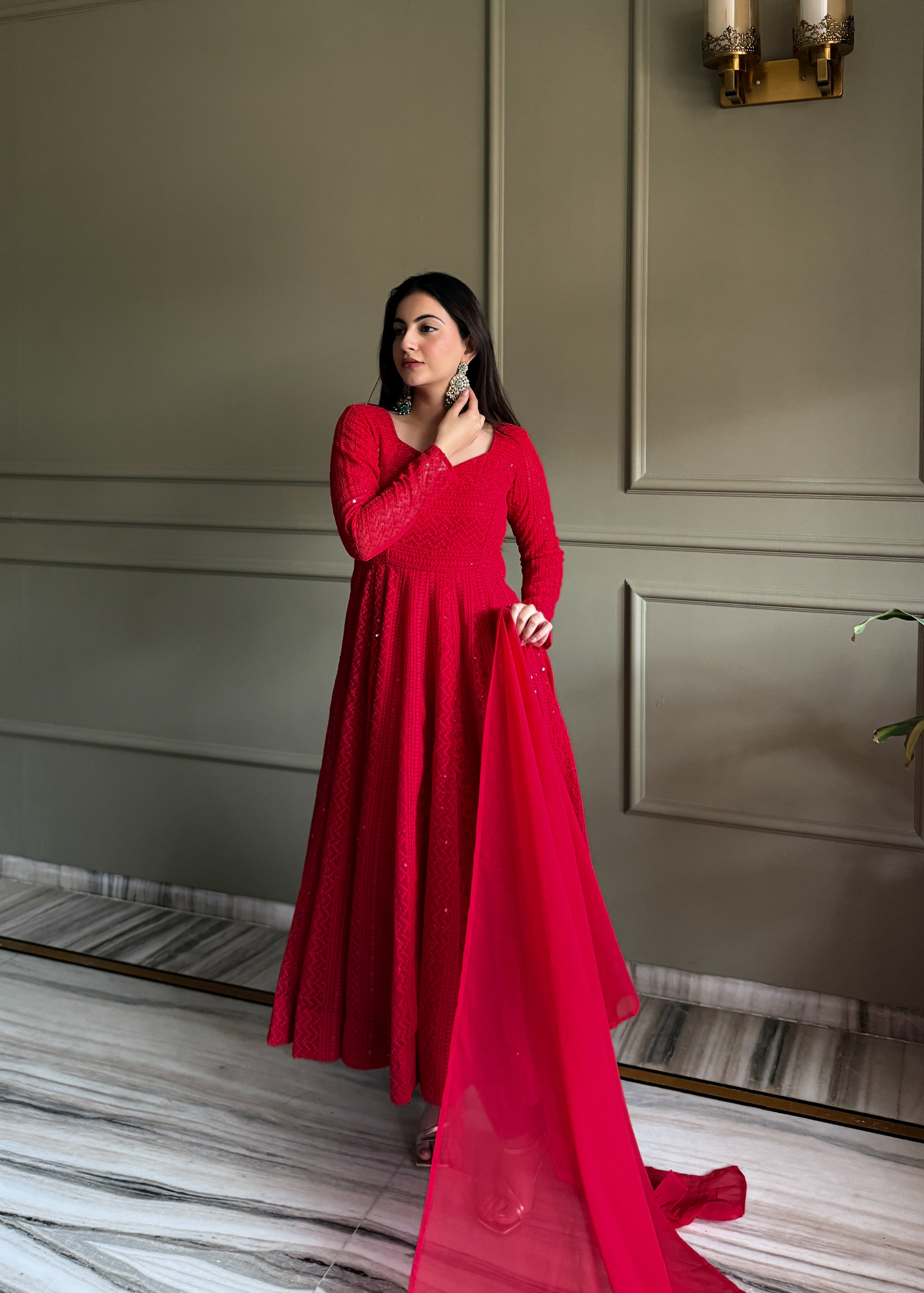Noor-e-Lucknow Georgette Anarkali Set with Ruffle Dupatta & Pant