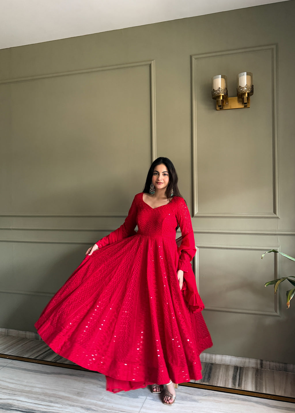 Noor-e-Lucknow Georgette Anarkali Set with Ruffle Dupatta & Pant
