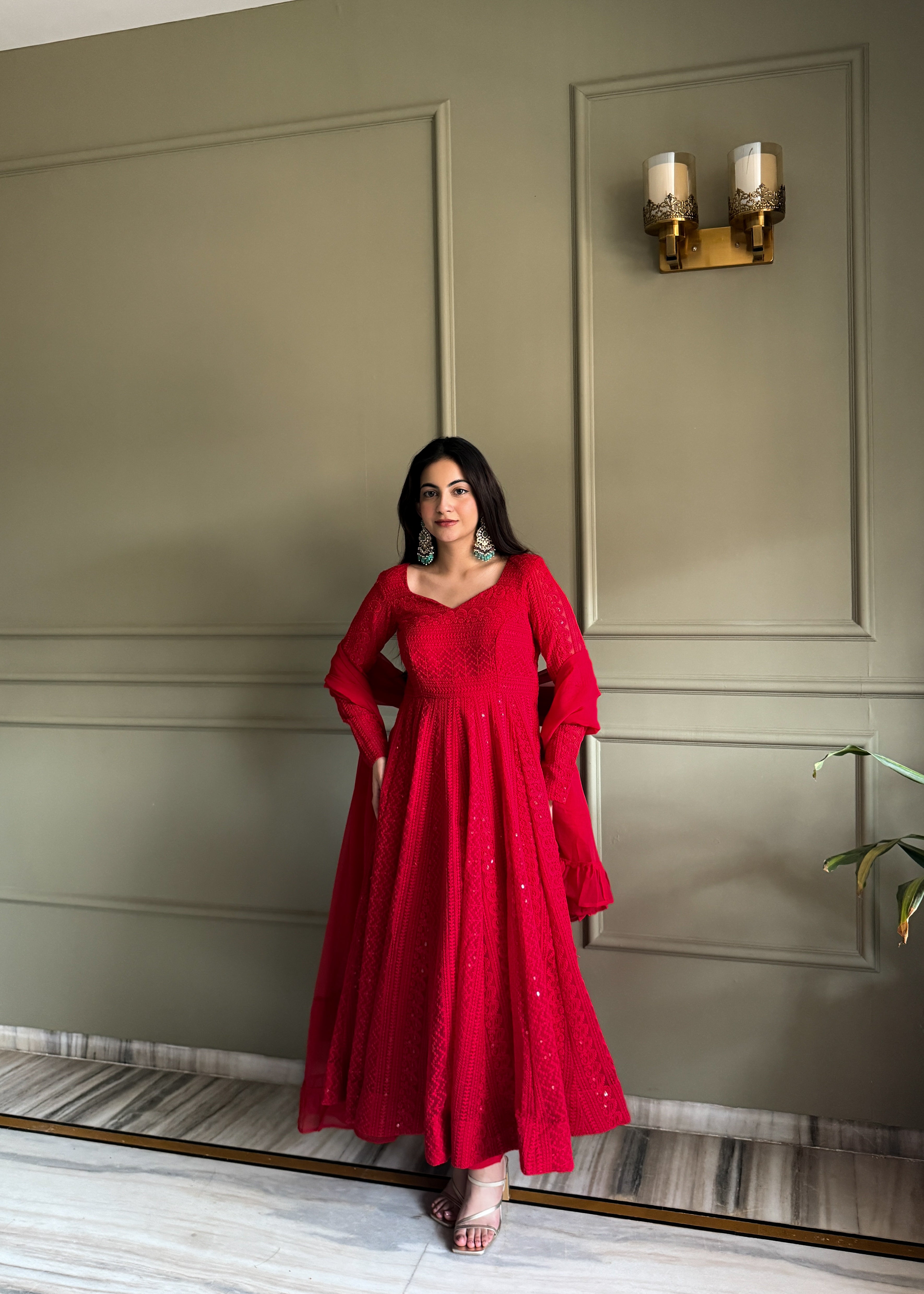 Noor-e-Lucknow Georgette Anarkali Set with Ruffle Dupatta & Pant