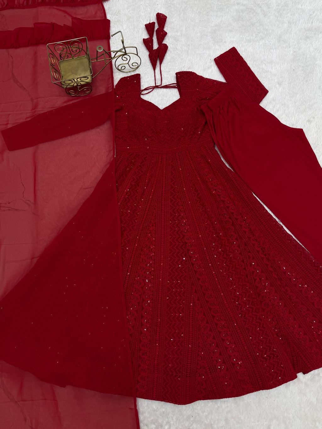Noor-e-Lucknow Georgette Anarkali Set with Ruffle Dupatta & Pant