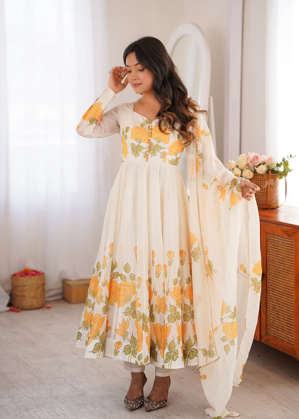 Vaidehika Floral Organza Silk Anarkali Set with Pant & Gota Patti Dupatta