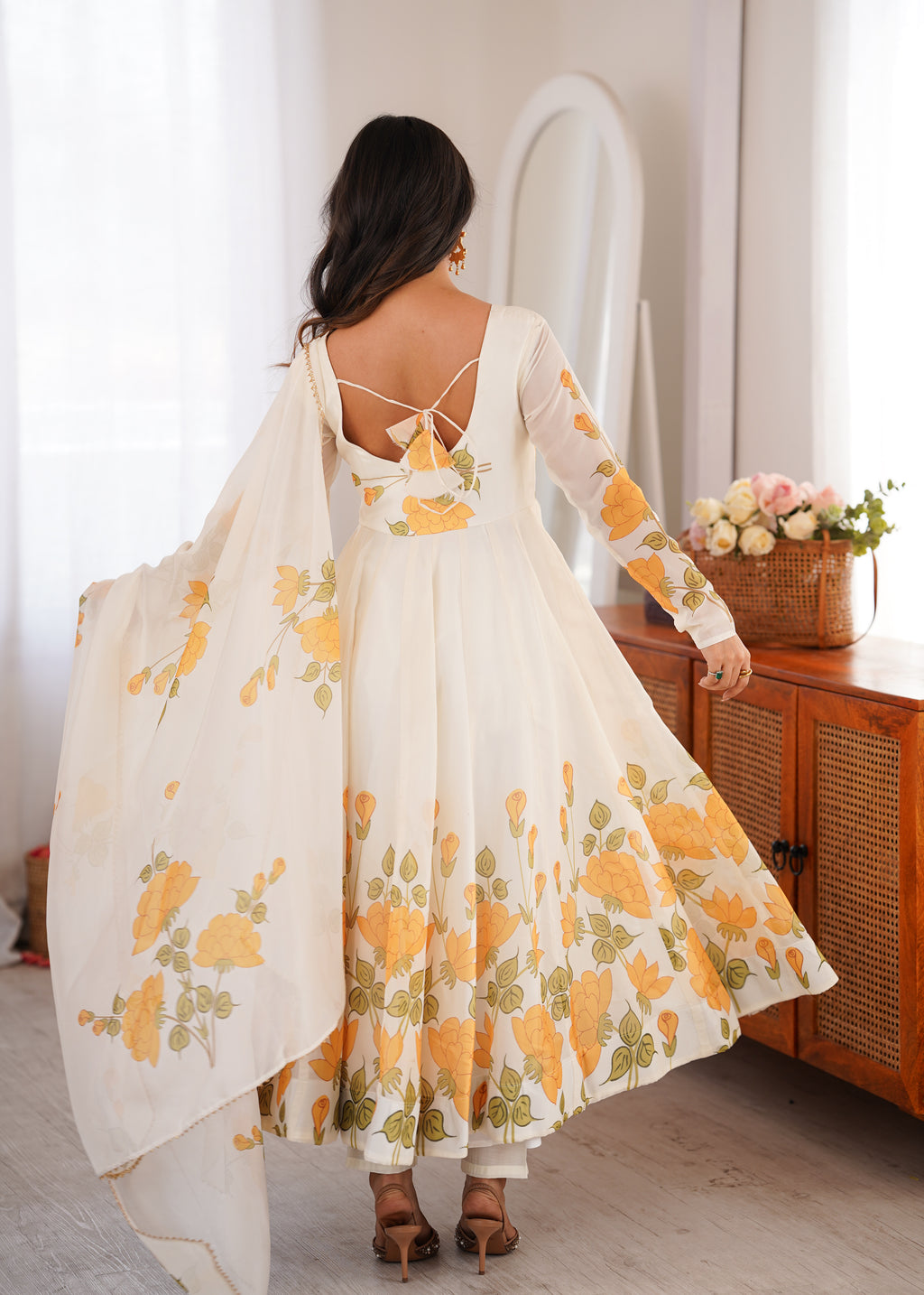Vaidehika Floral Organza Silk Anarkali Set with Pant & Gota Patti Dupatta