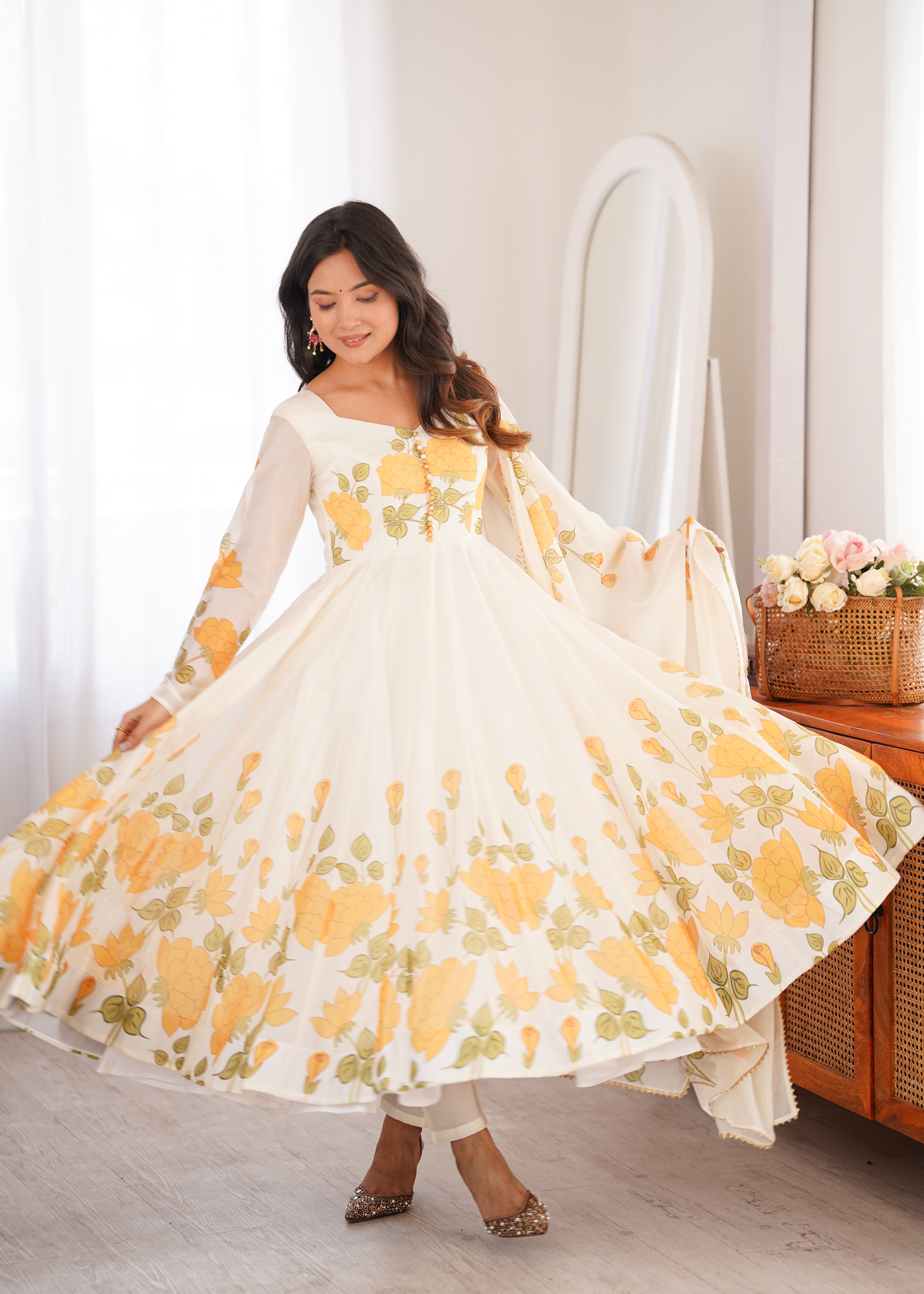 Vaidehika Floral Organza Silk Anarkali Set with Pant & Gota Patti Dupatta
