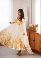 Vaidehika Floral Organza Silk Anarkali Set with Pant & Gota Patti Dupatta