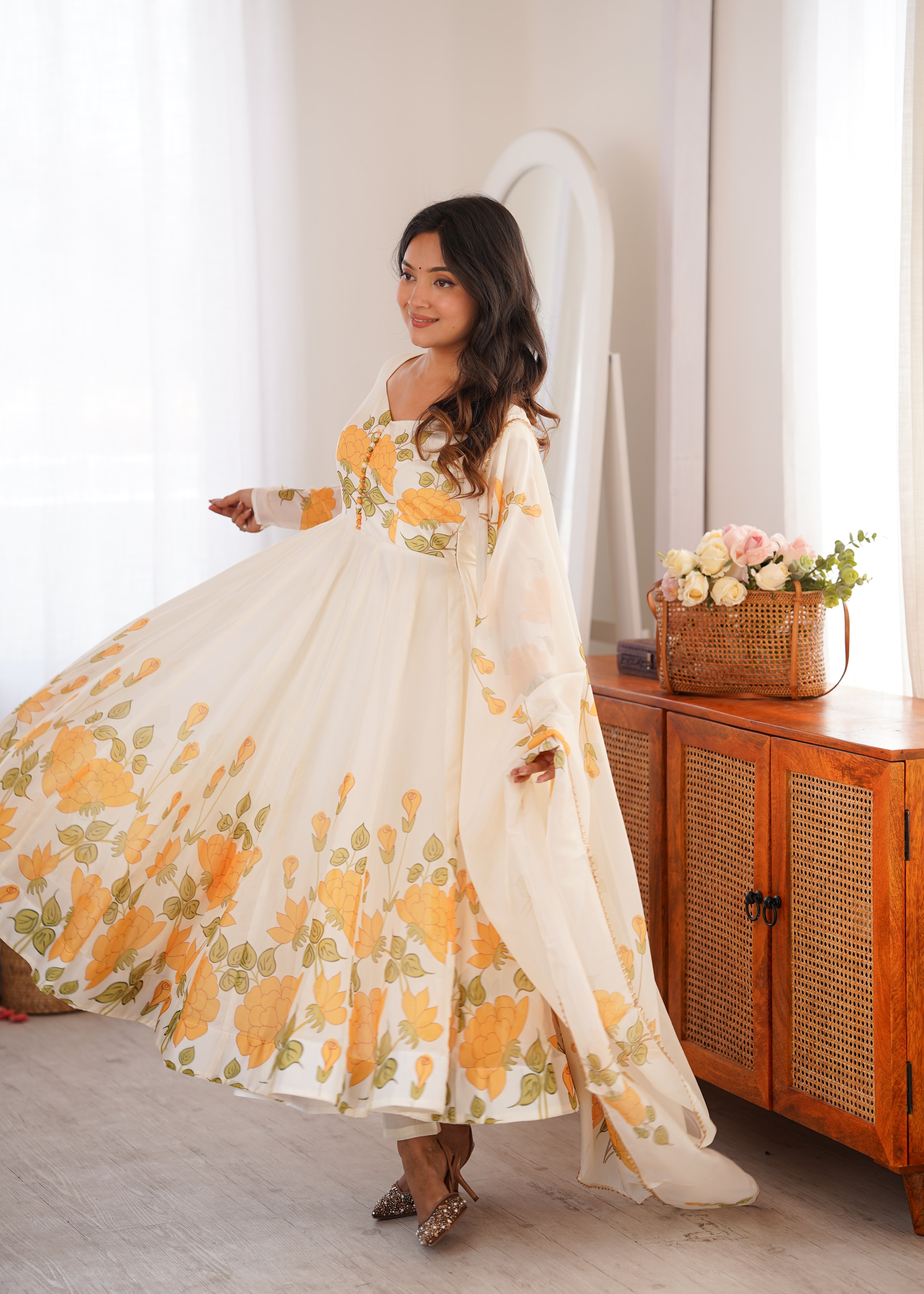 Vaidehika Floral Organza Silk Anarkali Set with Pant & Gota Patti Dupatta