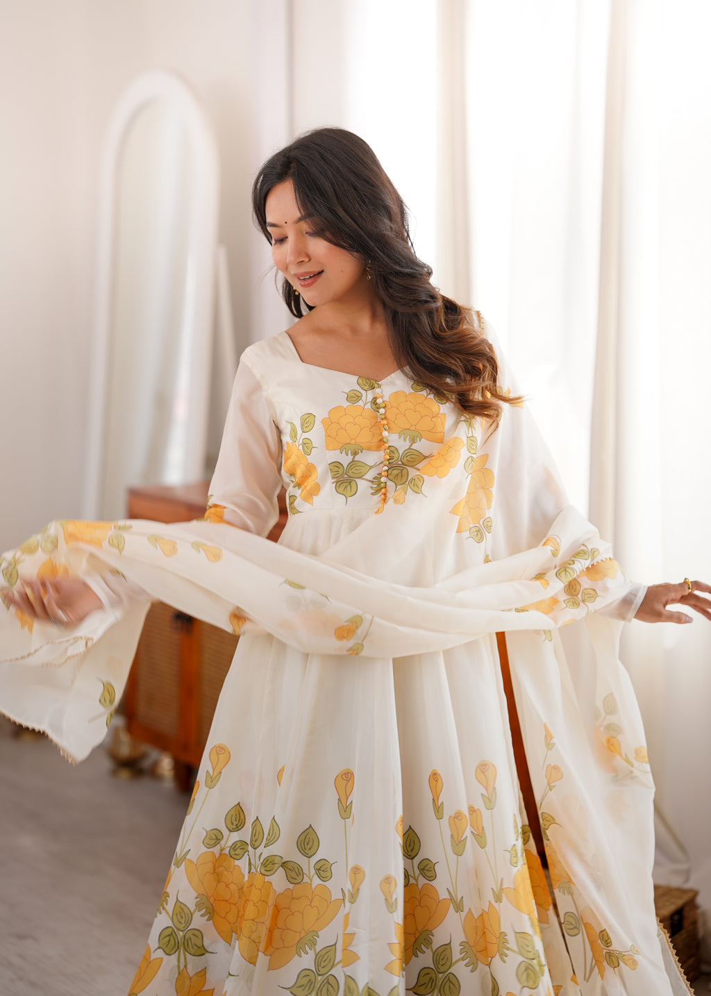Vaidehika Floral Organza Silk Anarkali Set with Pant & Gota Patti Dupatta