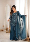 Sharvik Crunchy Silk Embroidered Kurta with Bell Bottom & Dupatta