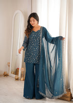 Sharvik Crunchy Silk Embroidered Kurta with Bell Bottom & Dupatta