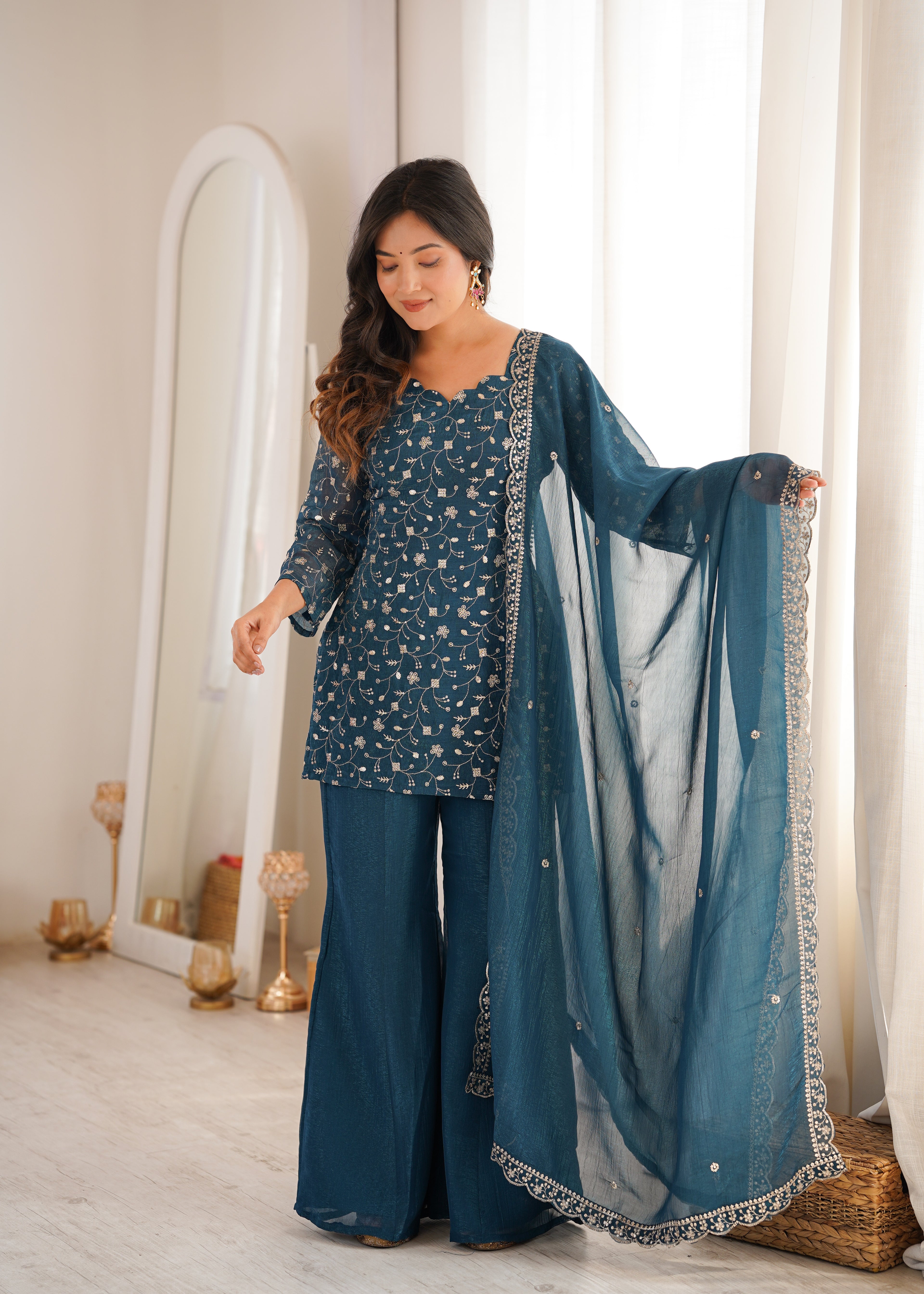 Sharvik Crunchy Silk Embroidered Kurta with Bell Bottom & Dupatta