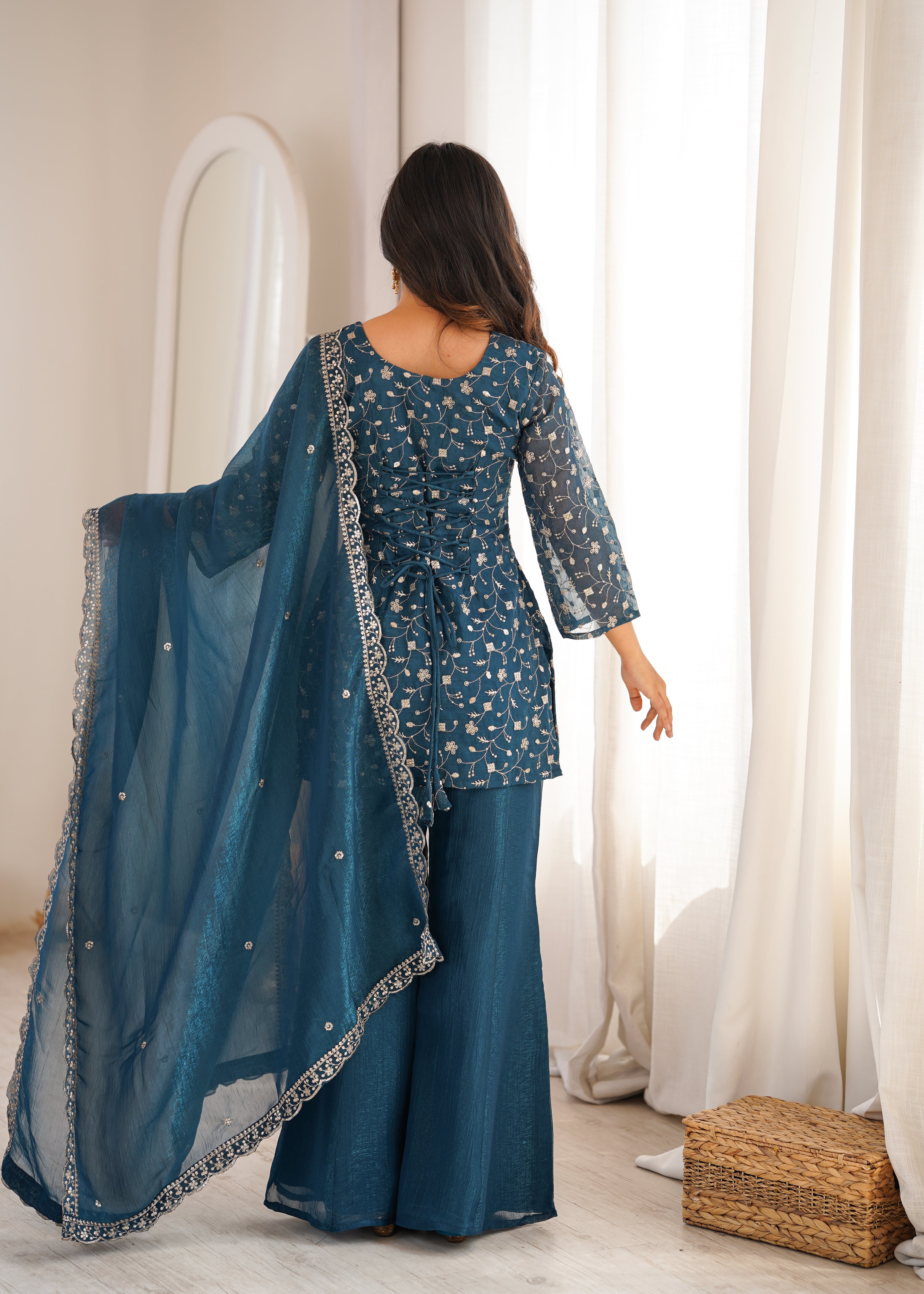 Sharvik Crunchy Silk Embroidered Kurta with Bell Bottom & Dupatta