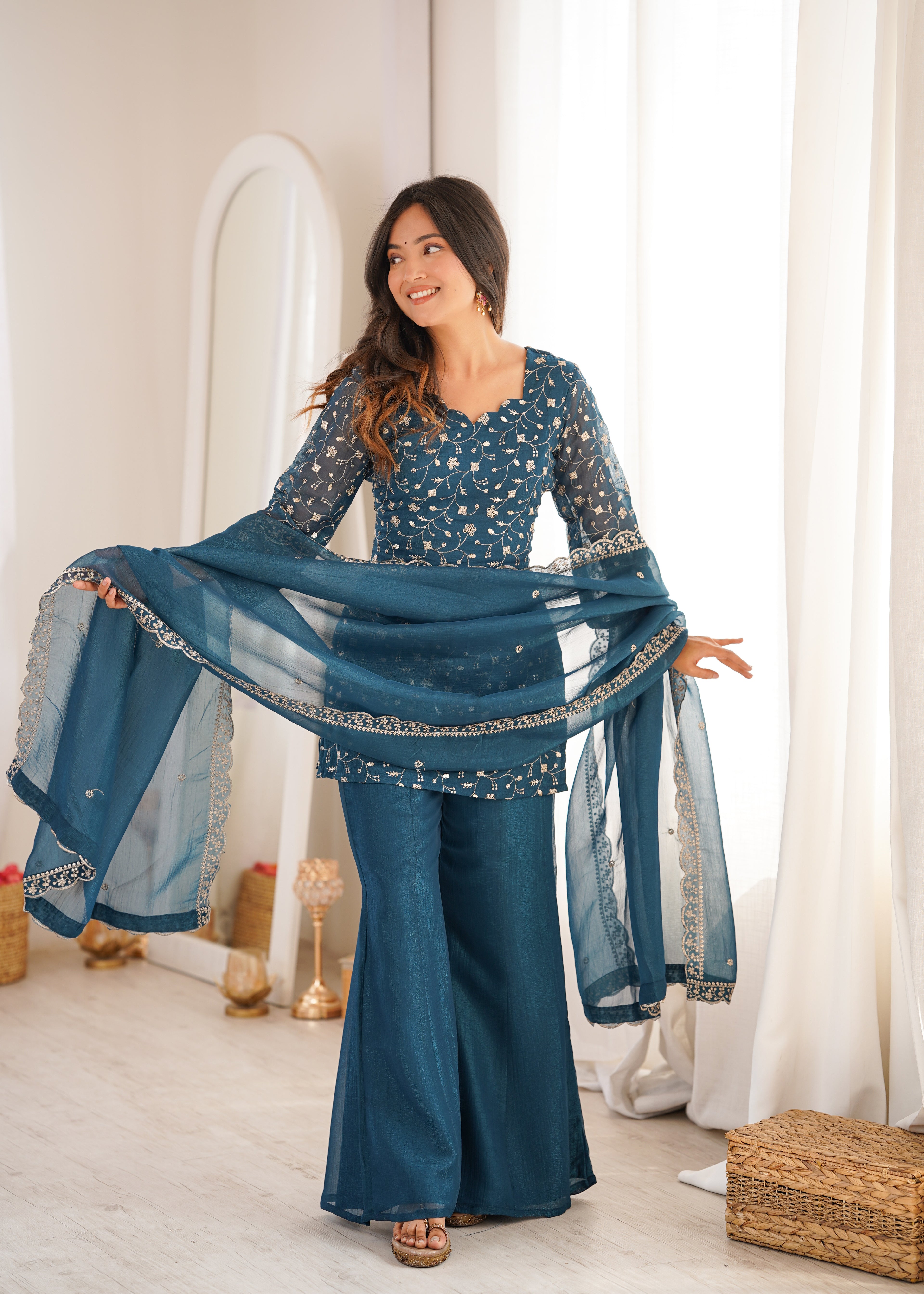 Sharvik Crunchy Silk Embroidered Kurta with Bell Bottom & Dupatta