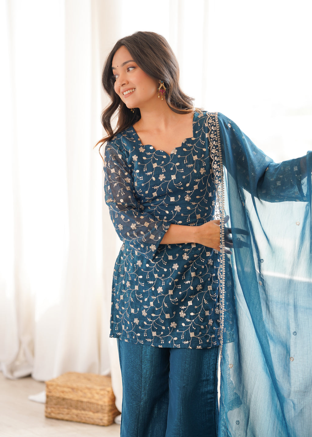 Sharvik Crunchy Silk Embroidered Kurta with Bell Bottom & Dupatta