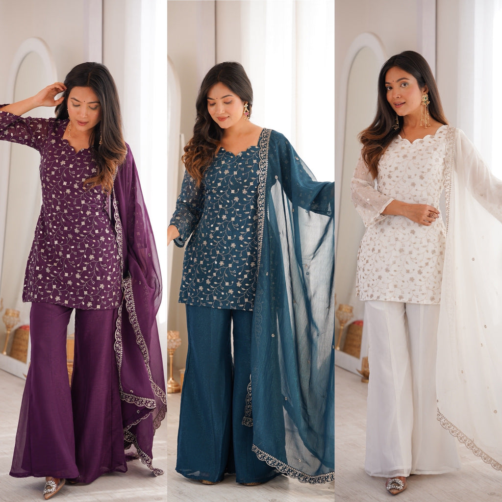 Sharvik Crunchy Silk Embroidered Kurta with Bell Bottom & Dupatta
