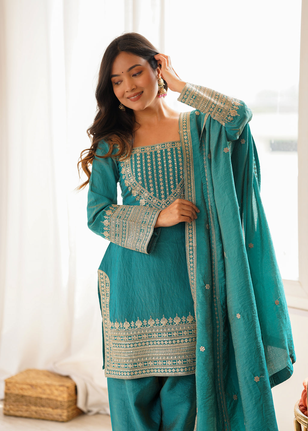 Tanirika Vichitra Silk Heavy Embroidered Kurta with Farshi Salwar & Dupatta