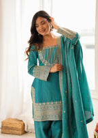 Tanirika Vichitra Silk Heavy Embroidered Kurta with Farshi Salwar & Dupatta