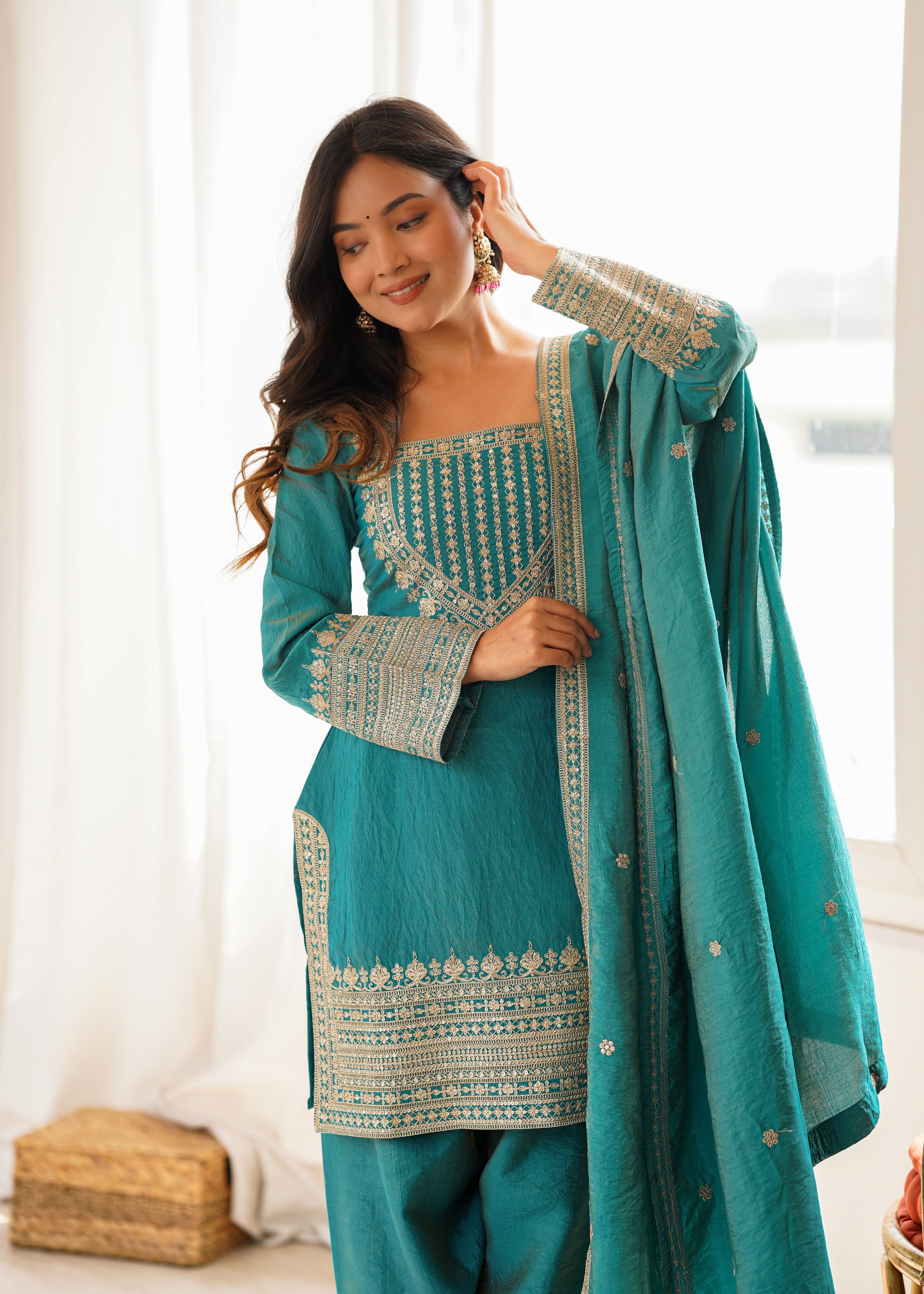 Tanirika Vichitra Silk Heavy Embroidered Kurta with Farshi Salwar & Dupatta