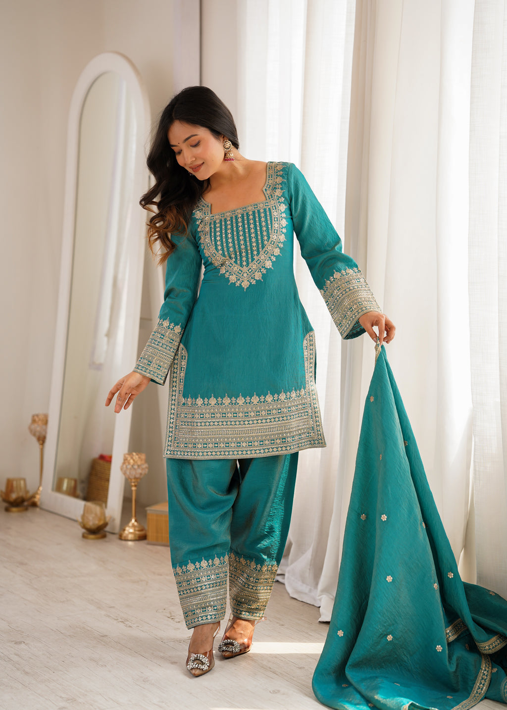 Tanirika Vichitra Silk Heavy Embroidered Kurta with Farshi Salwar & Dupatta