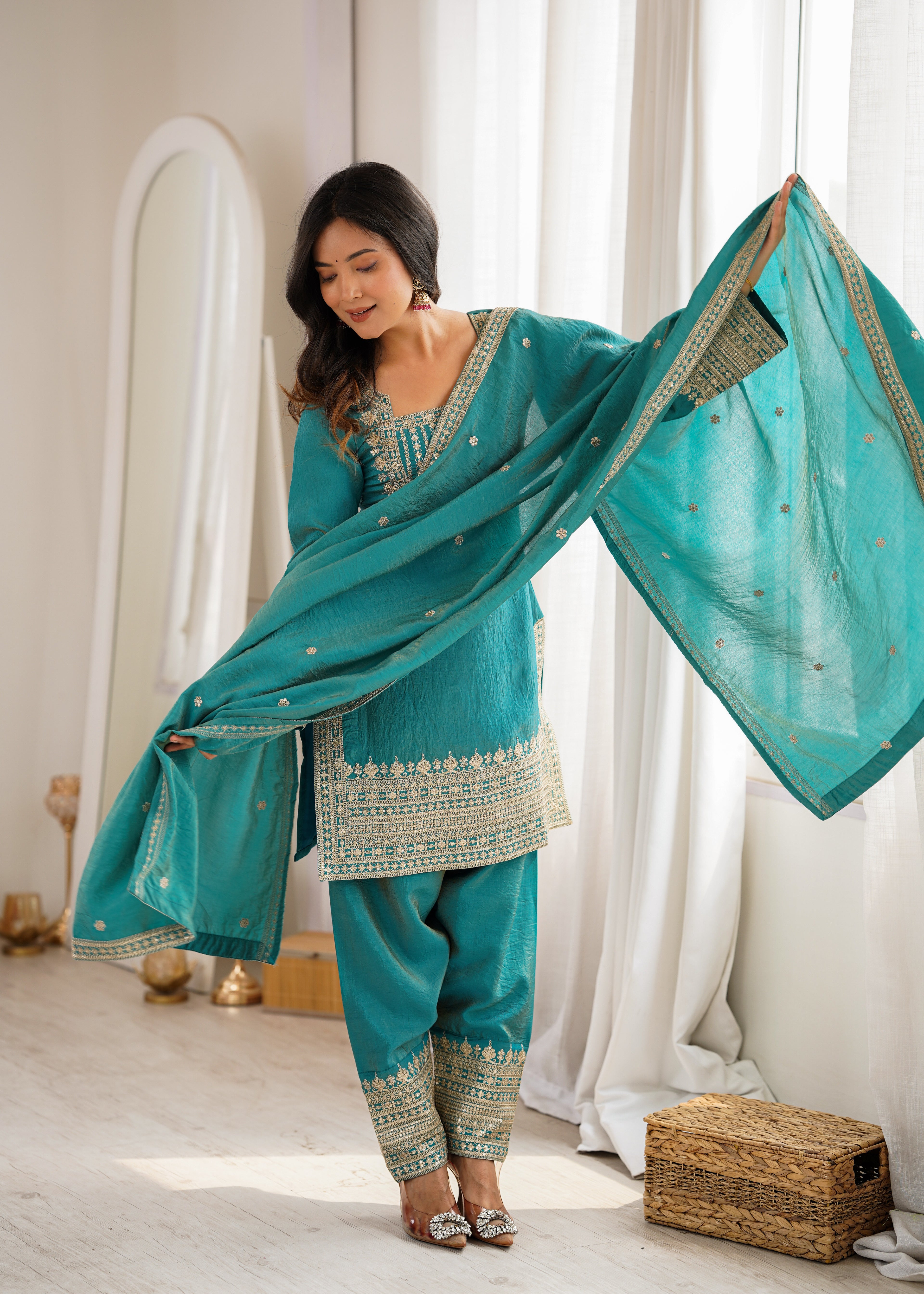 Tanirika Vichitra Silk Heavy Embroidered Kurta with Farshi Salwar & Dupatta