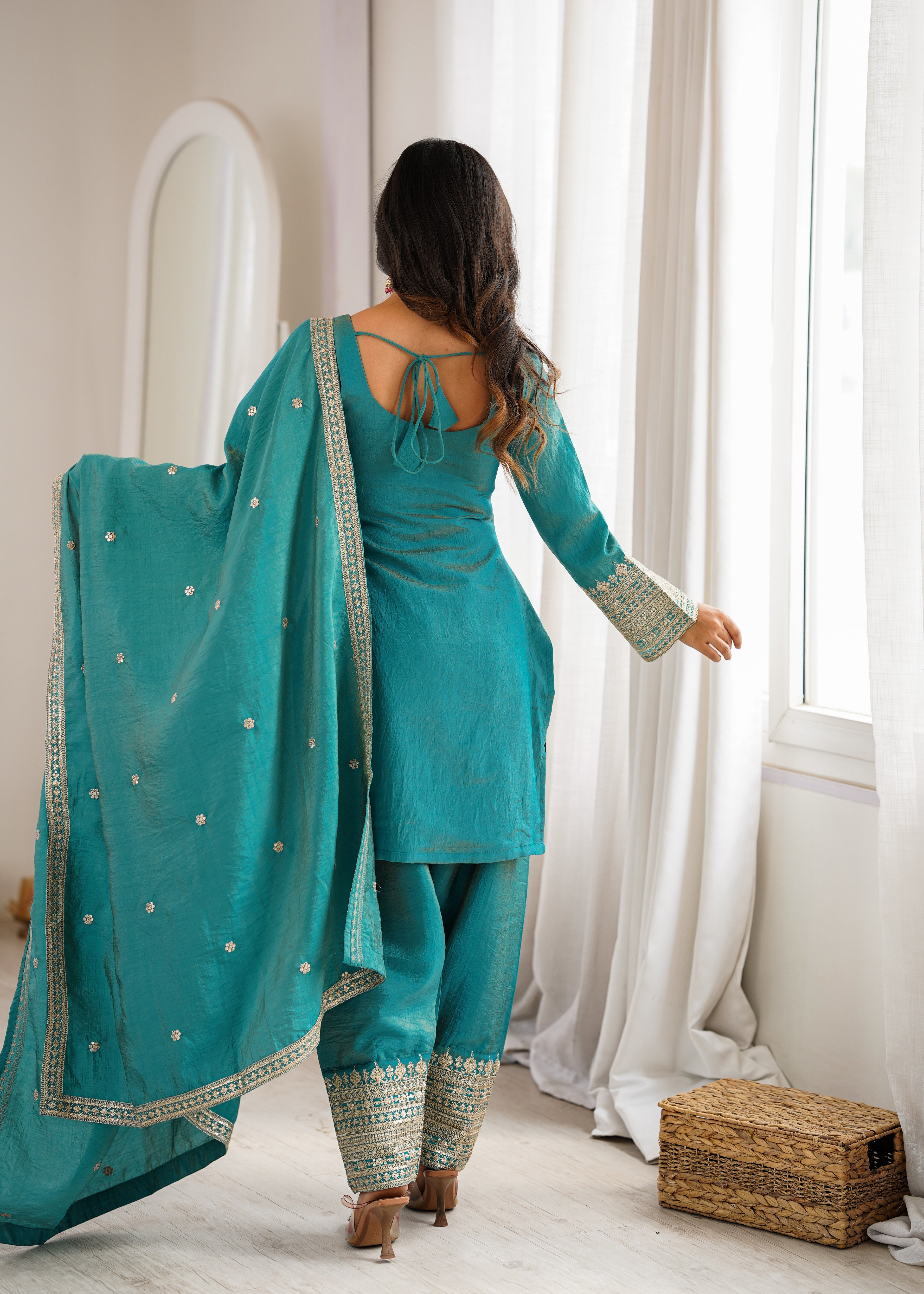 Tanirika Vichitra Silk Heavy Embroidered Kurta with Farshi Salwar & Dupatta