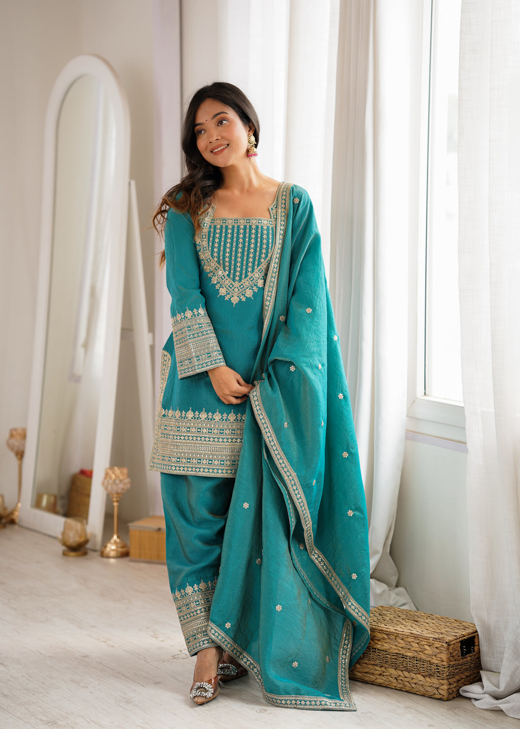 Tanirika Vichitra Silk Heavy Embroidered Kurta with Farshi Salwar & Dupatta