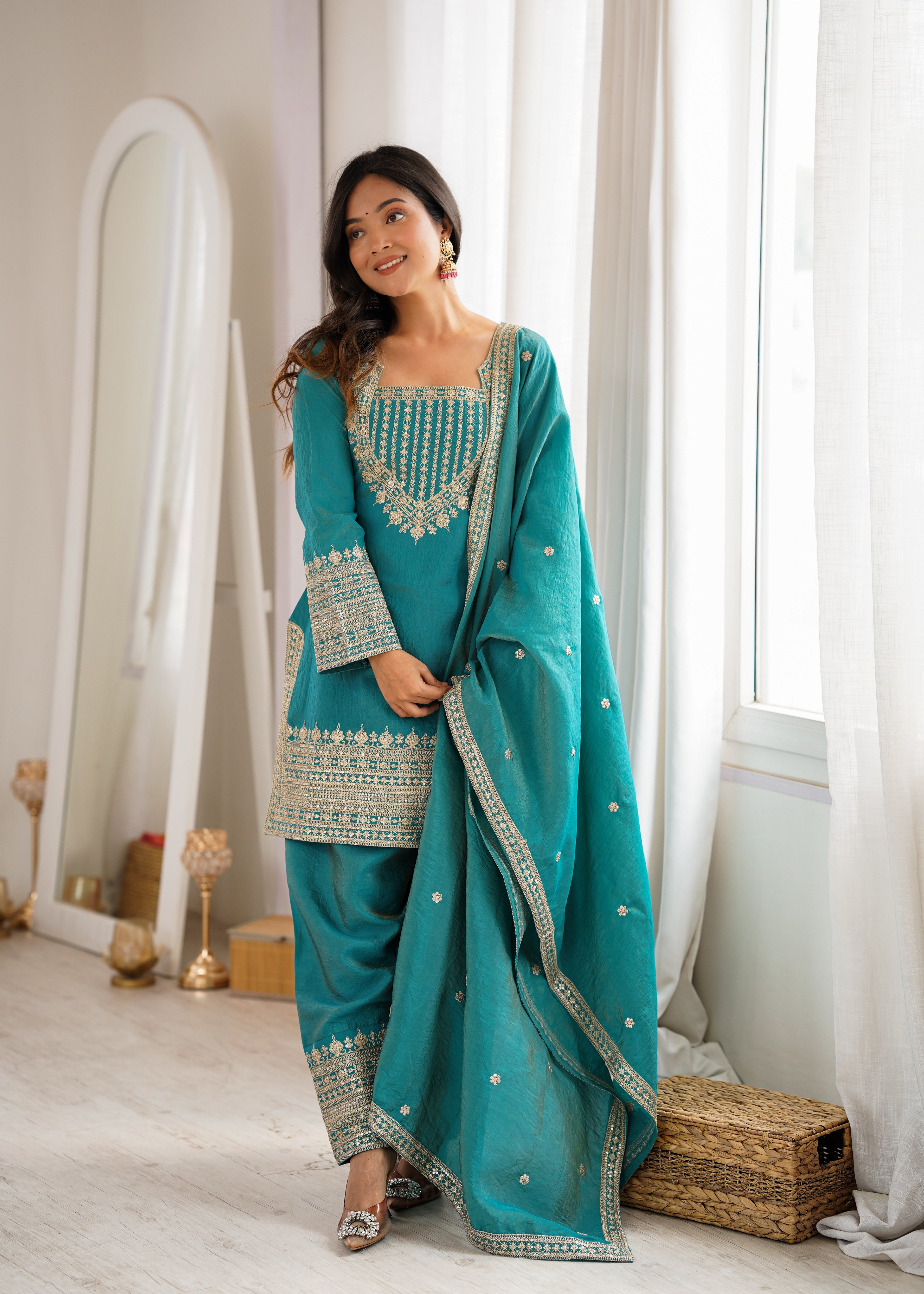Tanirika Vichitra Silk Heavy Embroidered Kurta with Farshi Salwar & Dupatta
