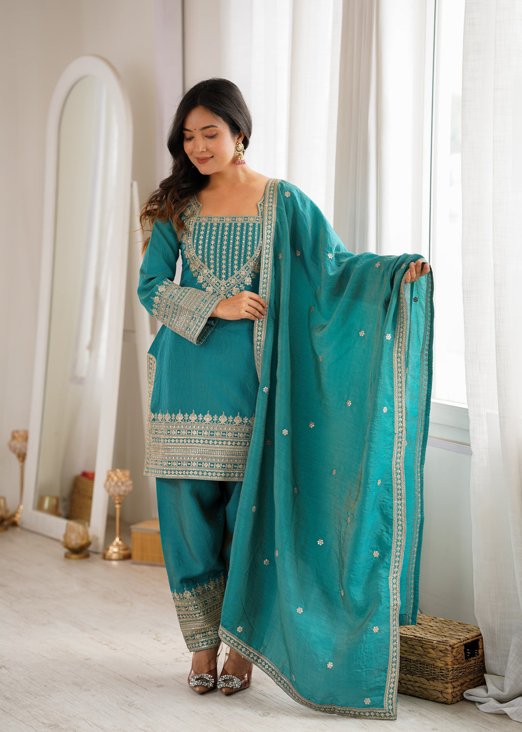 Tanirika Vichitra Silk Heavy Embroidered Kurta with Farshi Salwar & Dupatta
