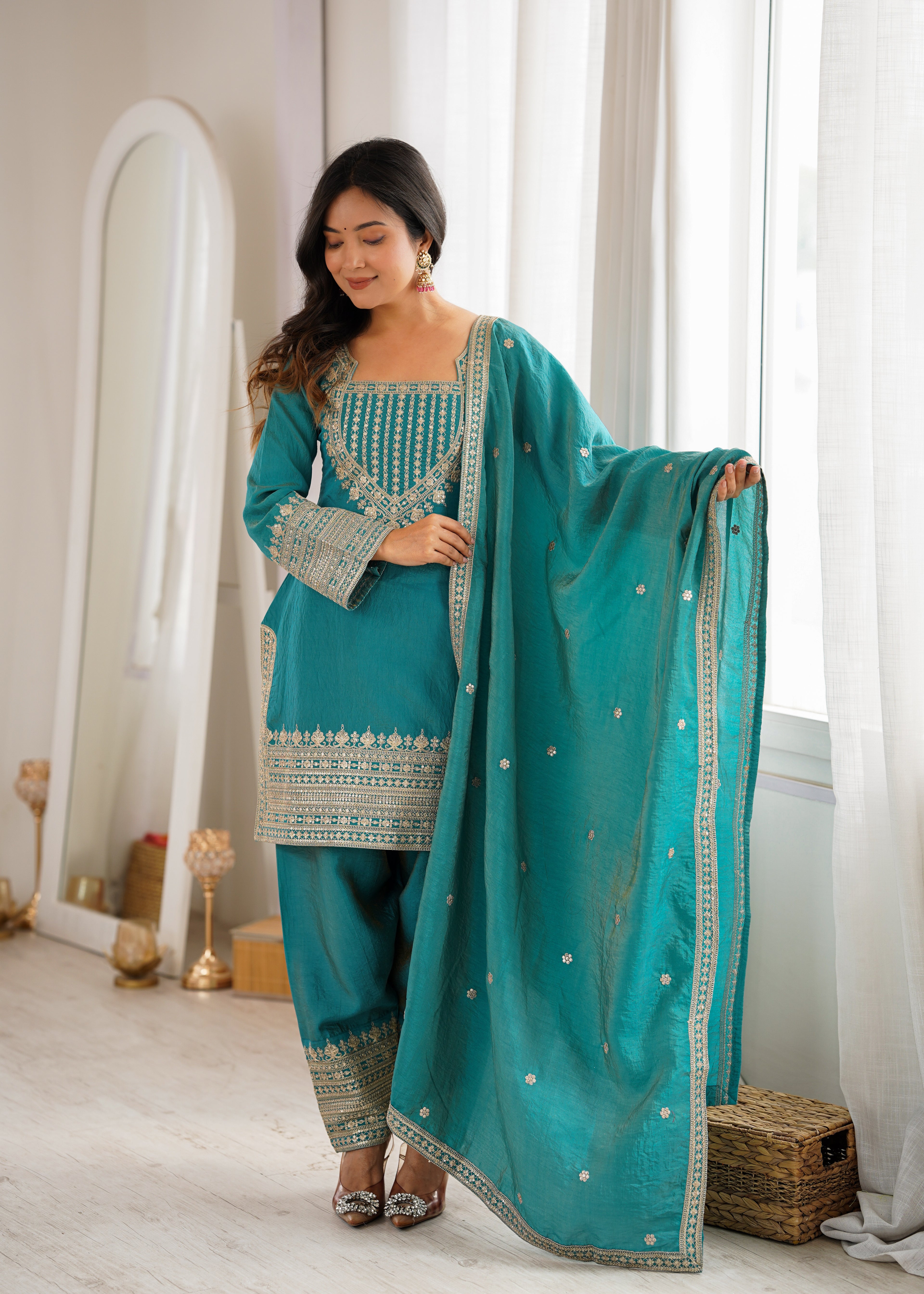 Tanirika Vichitra Silk Heavy Embroidered Kurta with Farshi Salwar & Dupatta