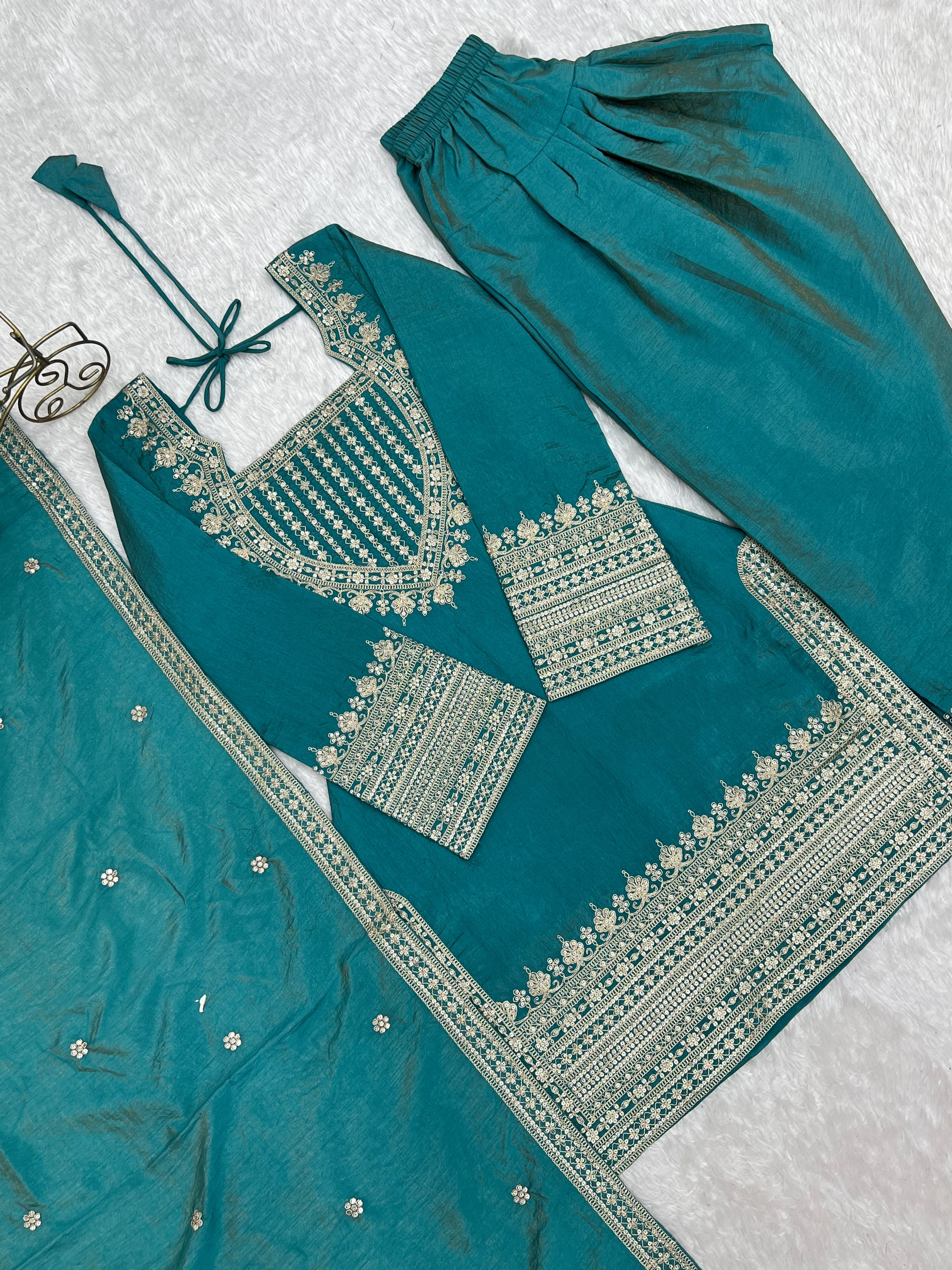 Tanirika Vichitra Silk Heavy Embroidered Kurta with Farshi Salwar & Dupatta