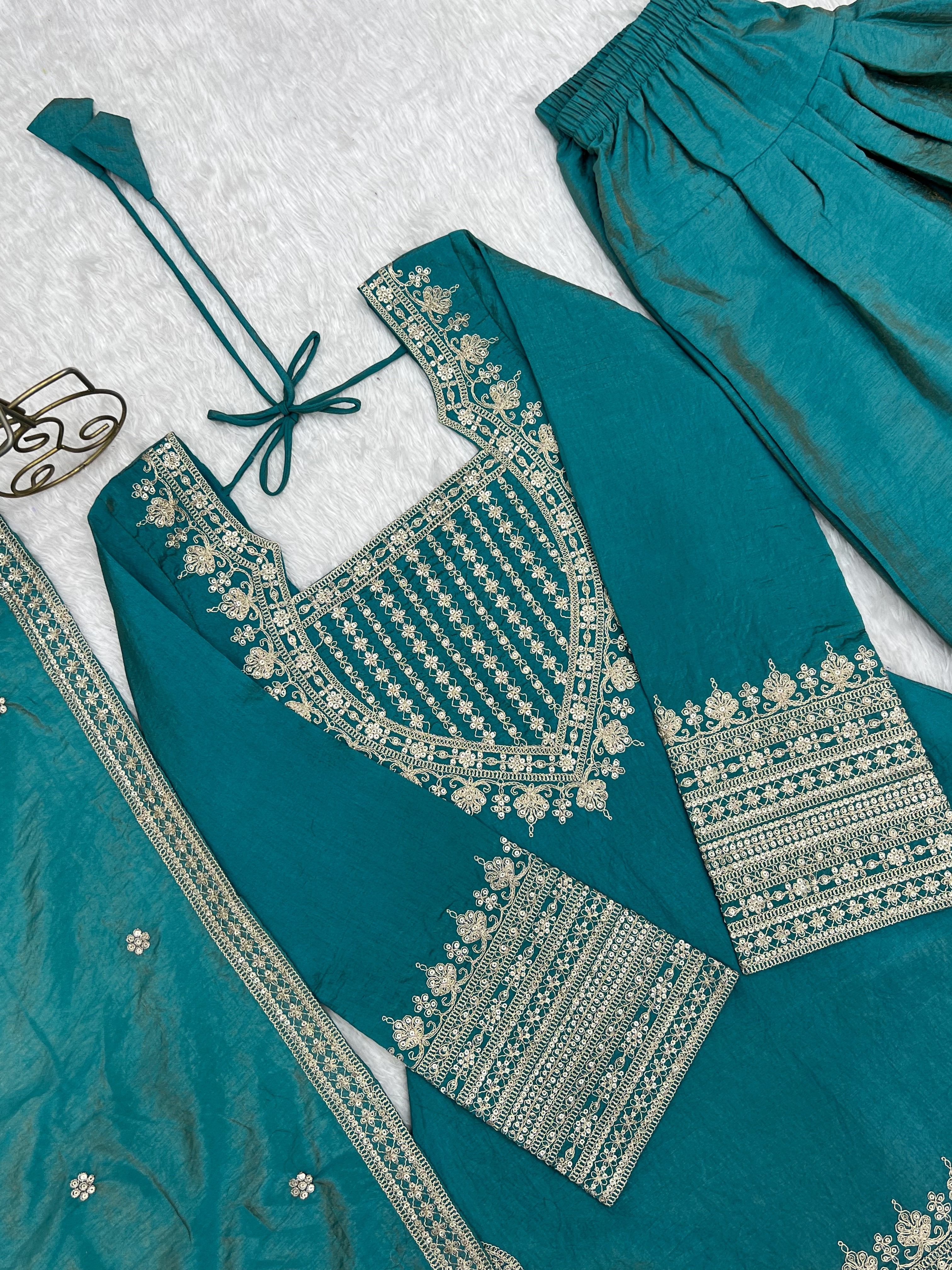 Tanirika Vichitra Silk Heavy Embroidered Kurta with Farshi Salwar & Dupatta