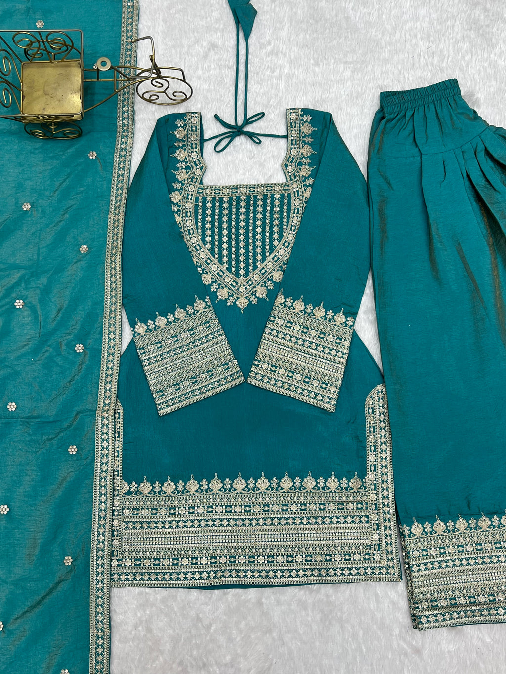 Tanirika Vichitra Silk Heavy Embroidered Kurta with Farshi Salwar & Dupatta