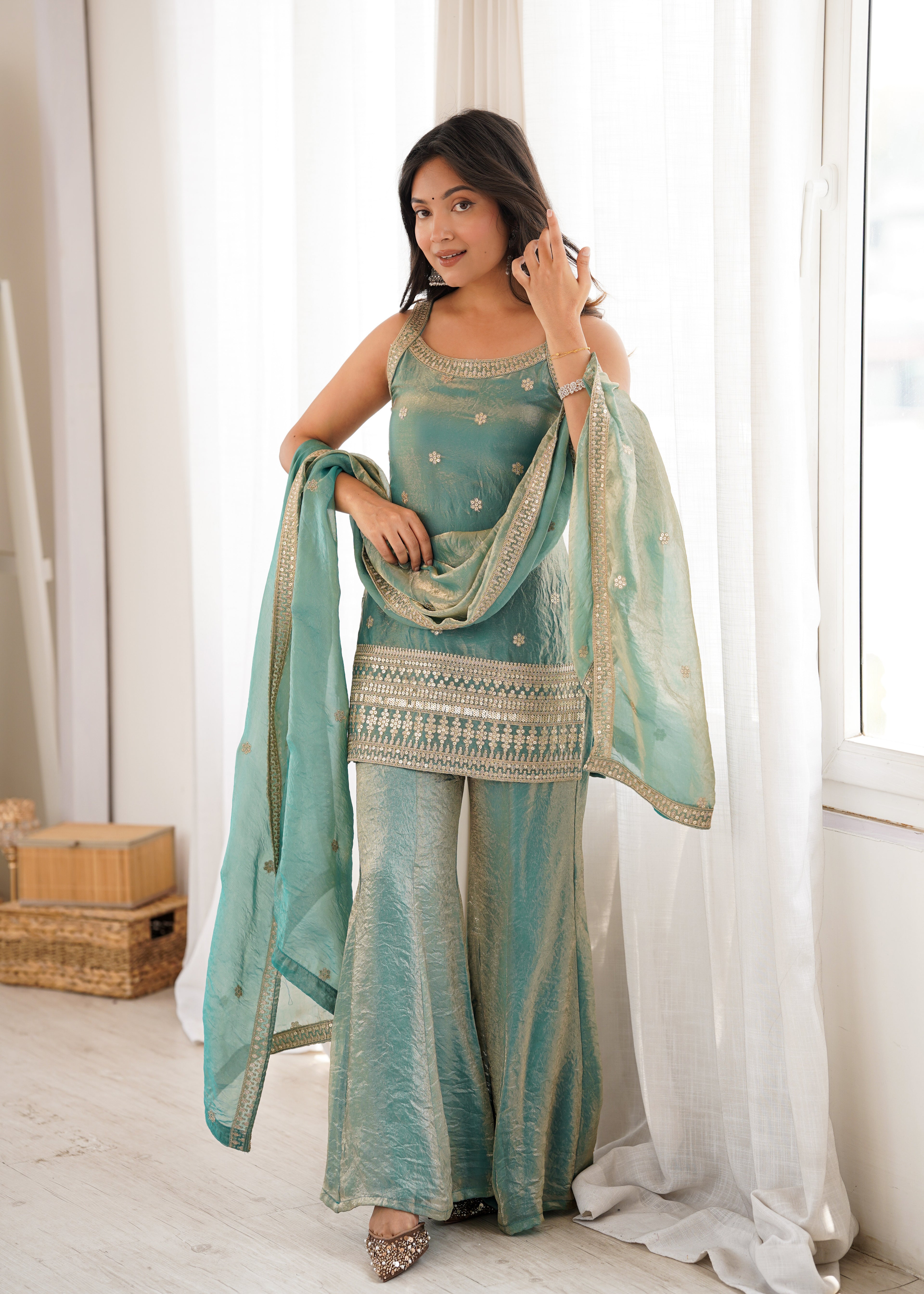 Navyasha Gorgeous Frendy Silk Embroidered Kurta with Bell Bottom & Dupatta