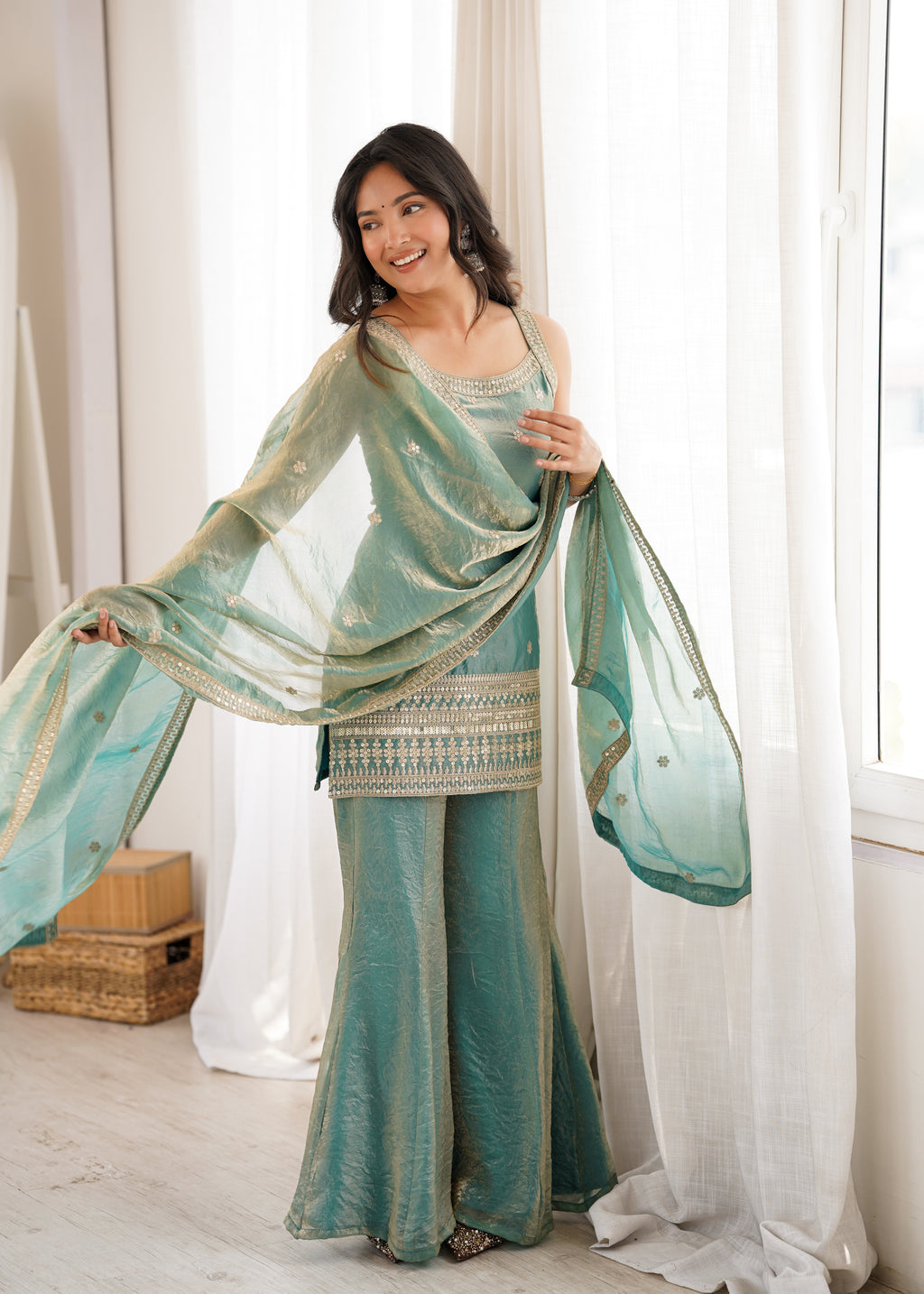 Navyasha Gorgeous Frendy Silk Embroidered Kurta with Bell Bottom & Dupatta